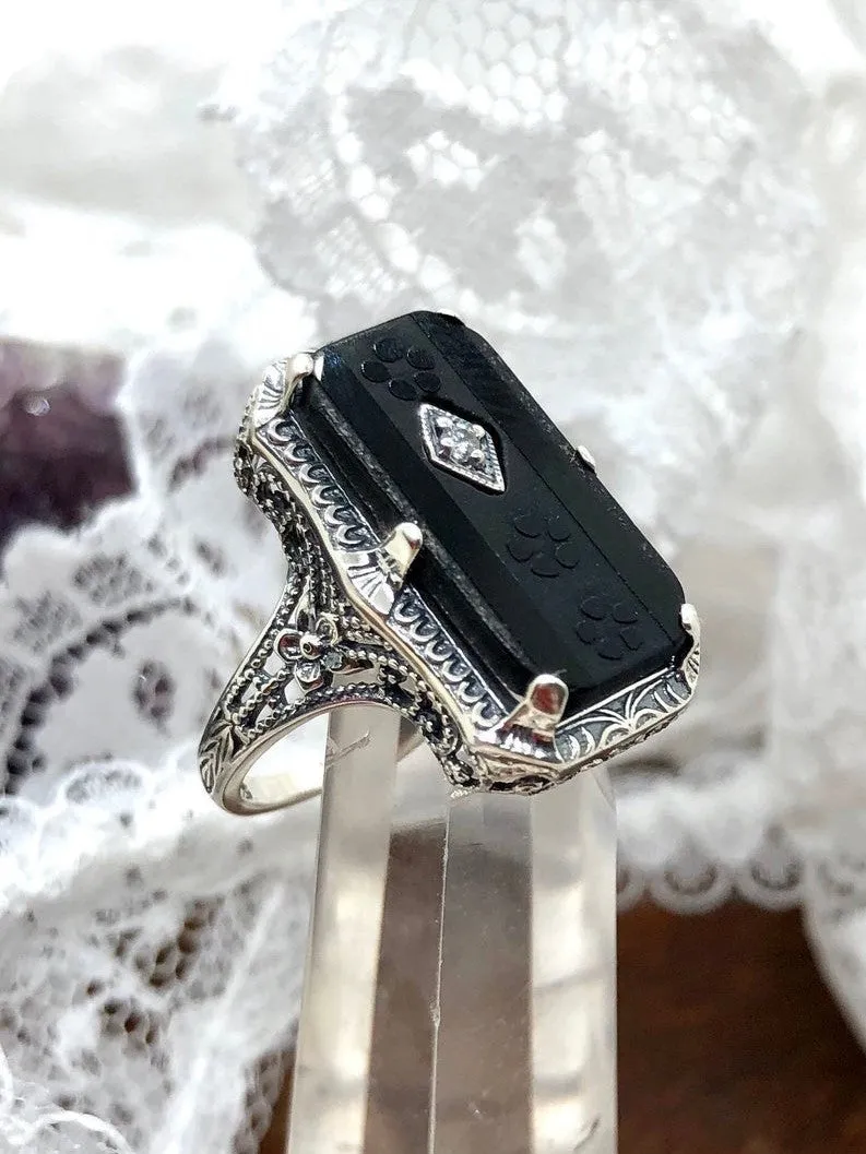 Black Camphor Glass Ring, 1915 Vintage style, Edwardian Jewelry #D232