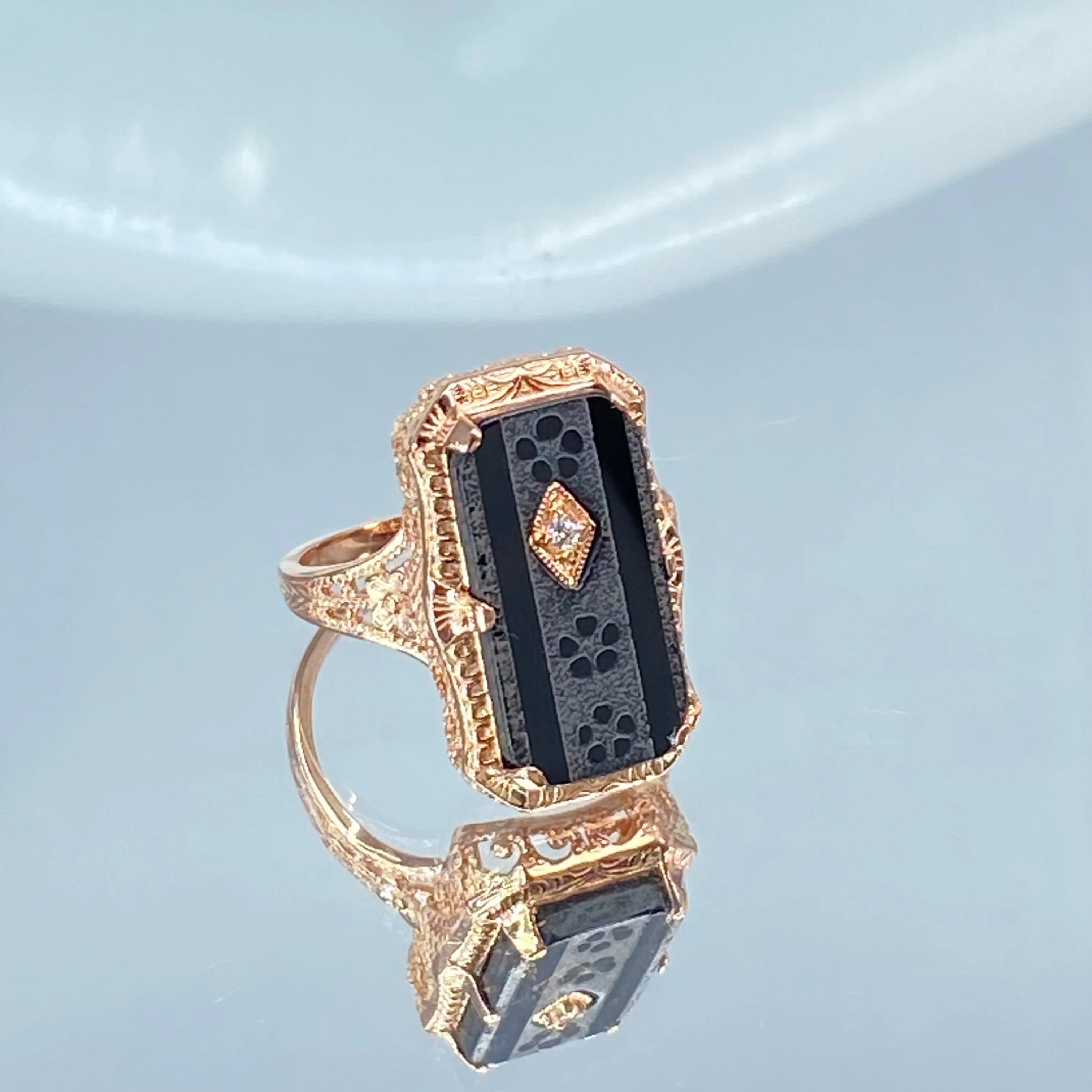 Black Camphor Glass Ring, Size 8, Rose Gold overlay, Sterling Silver Edwardian Jewelry #D232 - Ready to Ship