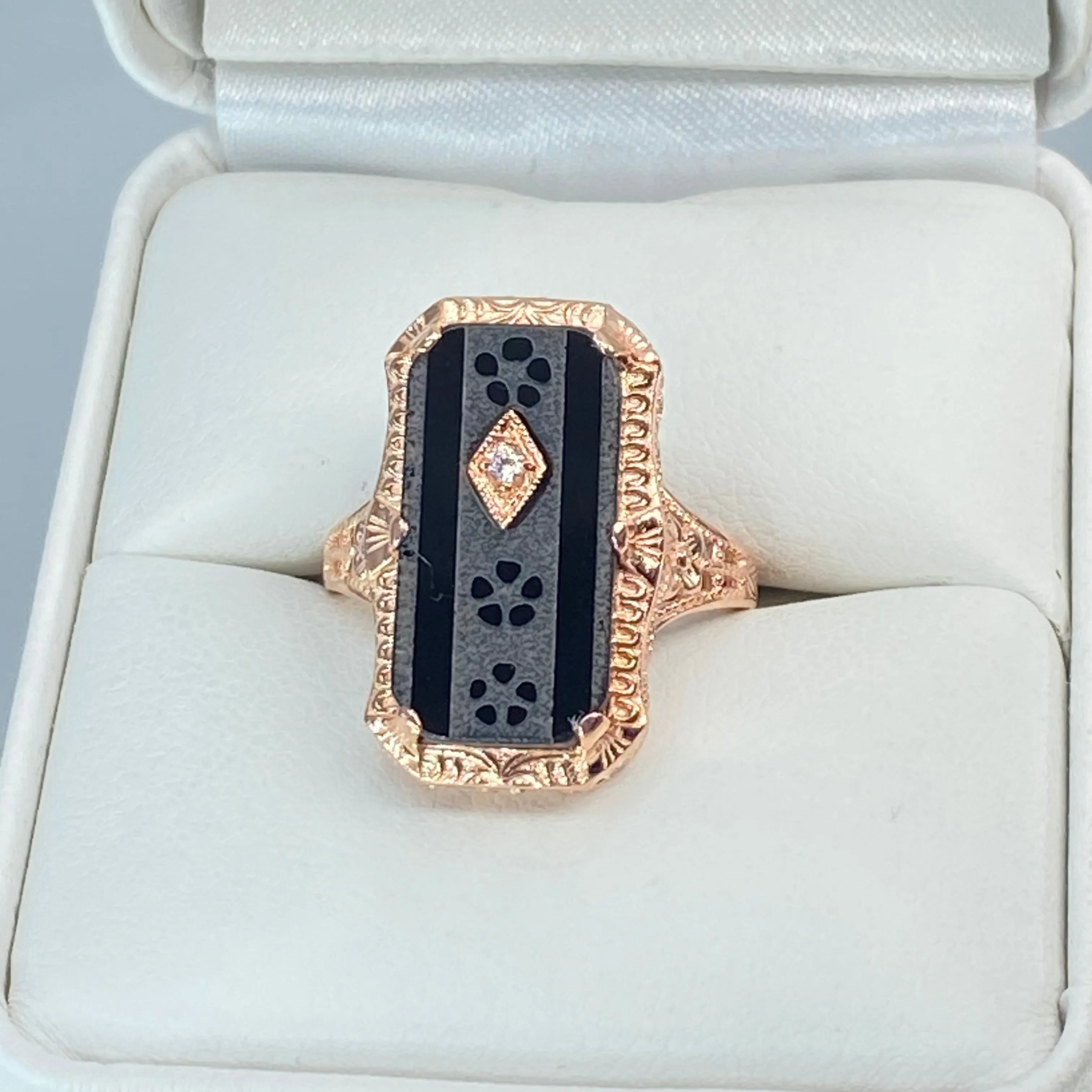Black Camphor Glass Ring, Size 8, Rose Gold overlay, Sterling Silver Edwardian Jewelry #D232 - Ready to Ship