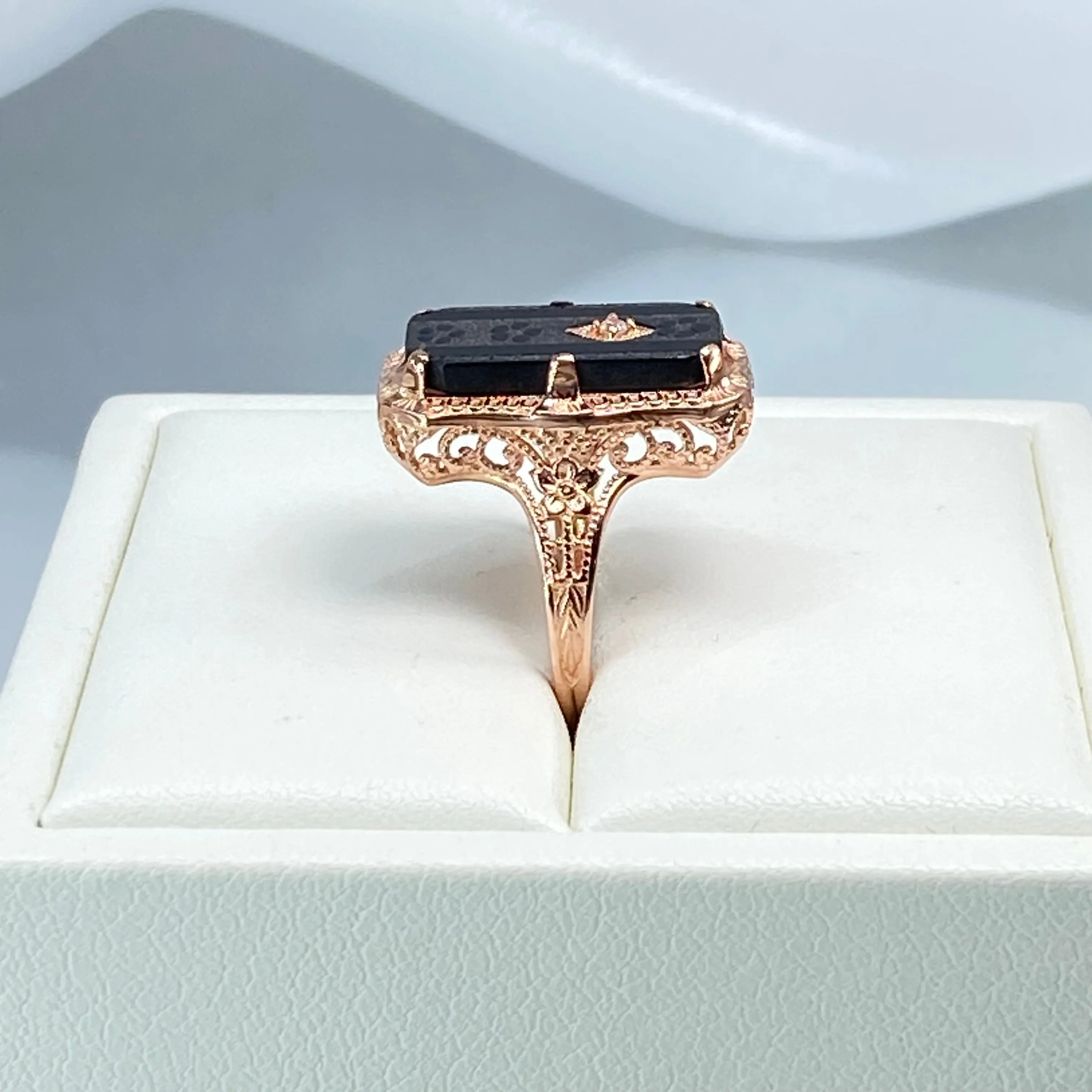 Black Camphor Glass Ring, Size 8, Rose Gold overlay, Sterling Silver Edwardian Jewelry #D232 - Ready to Ship