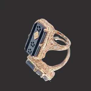 Black Camphor Glass Ring, Size 8, Rose Gold overlay, Sterling Silver Edwardian Jewelry #D232 - Ready to Ship