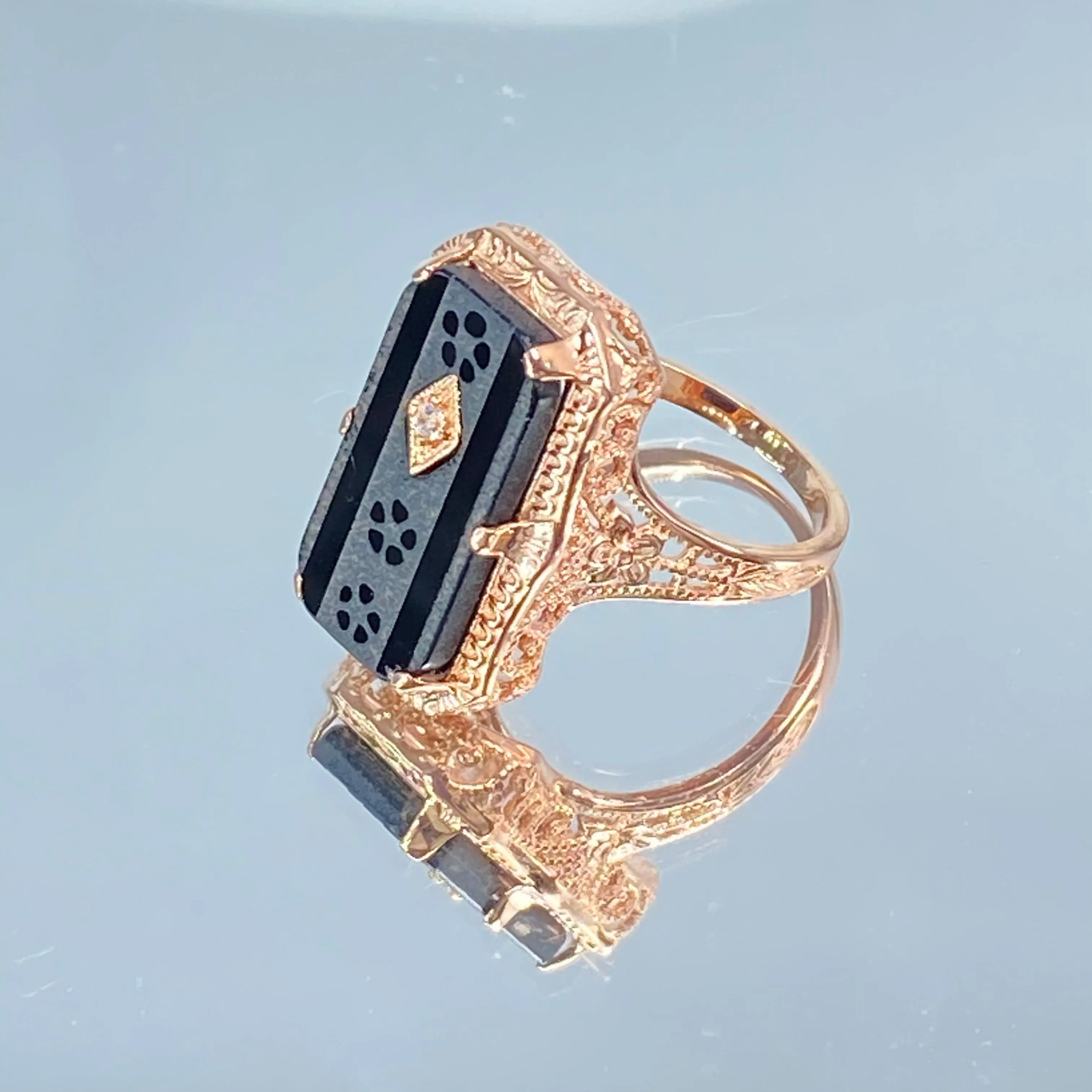 Black Camphor Glass Ring, Size 8, Rose Gold overlay, Sterling Silver Edwardian Jewelry #D232 - Ready to Ship