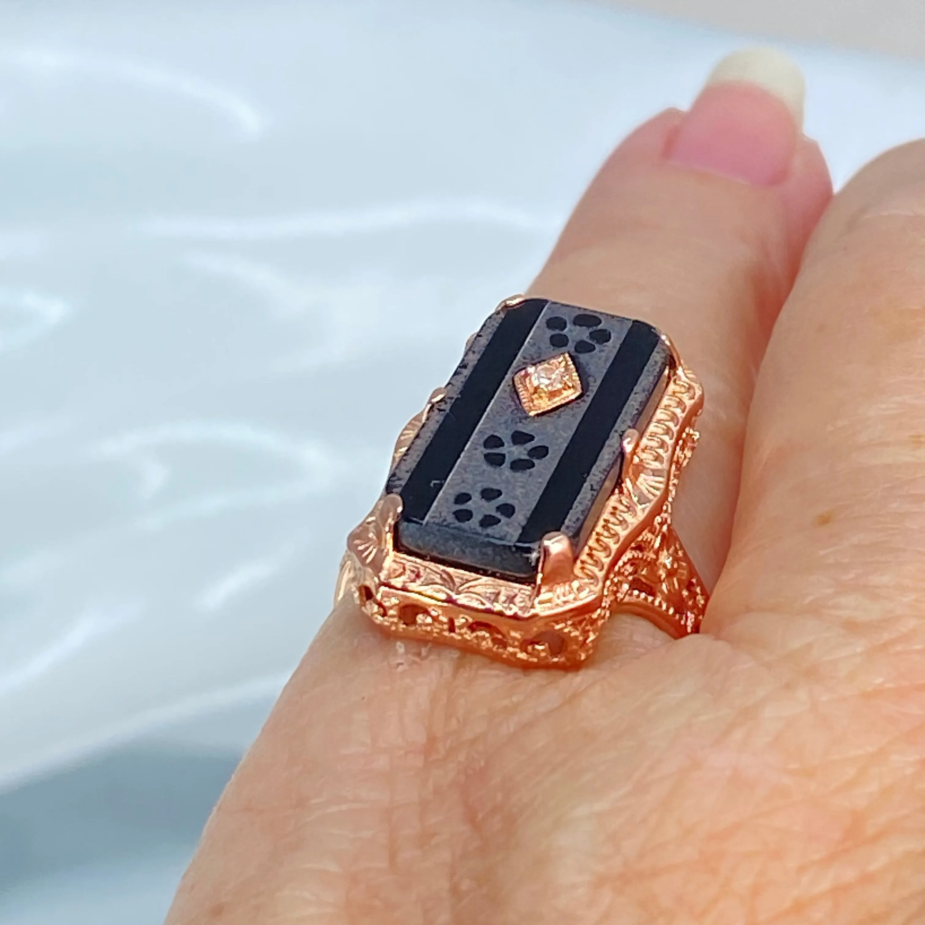 Black Camphor Glass Ring, Size 8, Rose Gold overlay, Sterling Silver Edwardian Jewelry #D232 - Ready to Ship