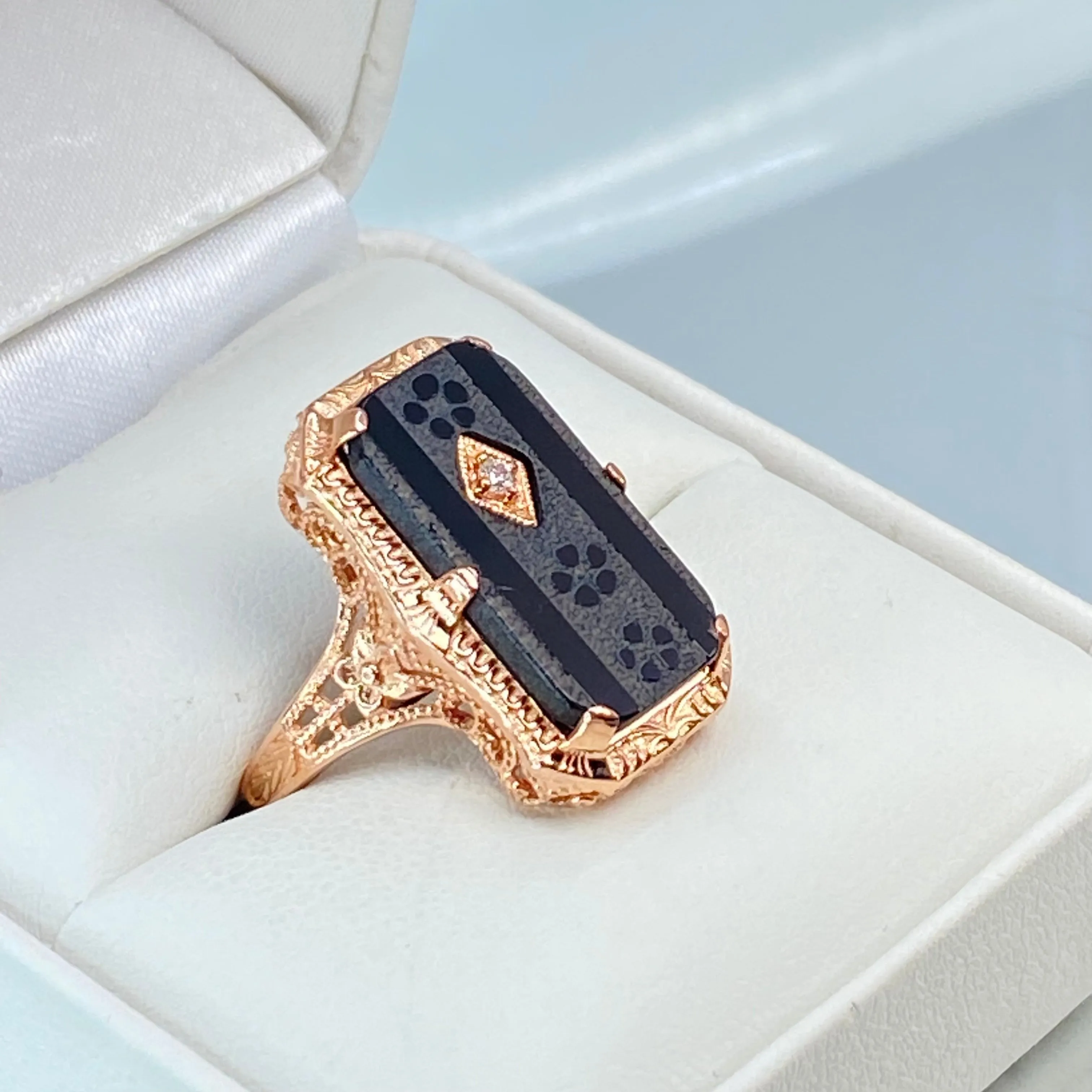 Black Camphor Glass Ring, Size 8, Rose Gold overlay, Sterling Silver Edwardian Jewelry #D232 - Ready to Ship