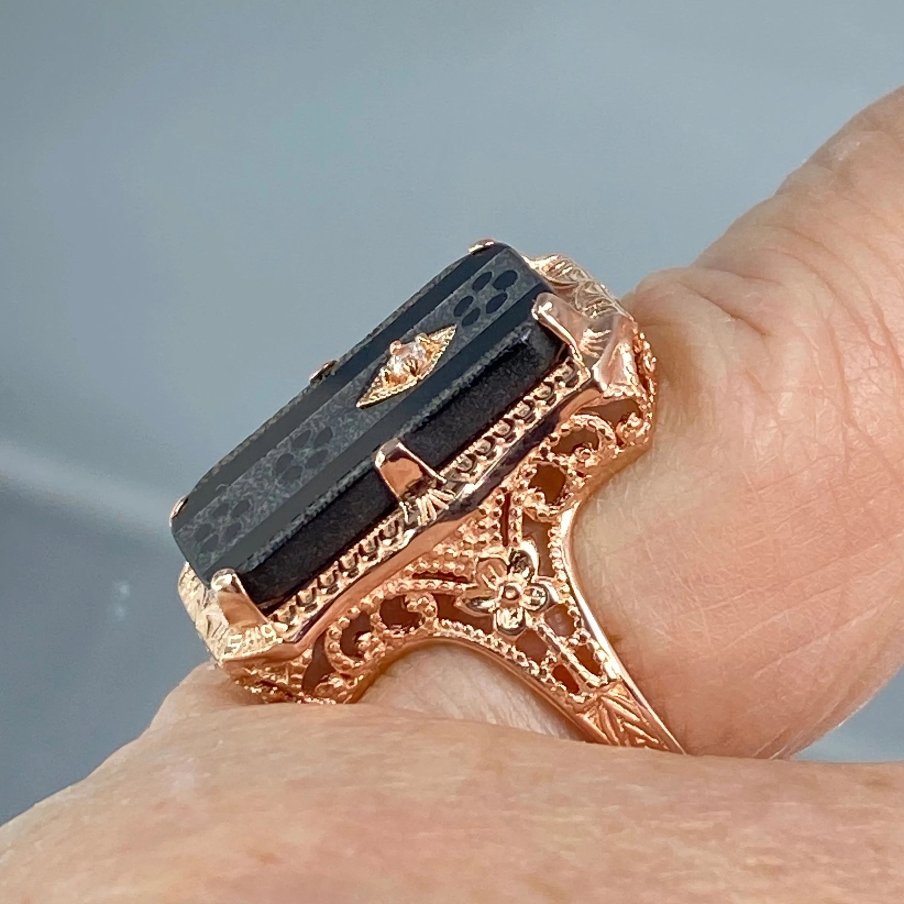 Black Camphor Glass Ring, Size 8, Rose Gold overlay, Sterling Silver Edwardian Jewelry #D232 - Ready to Ship
