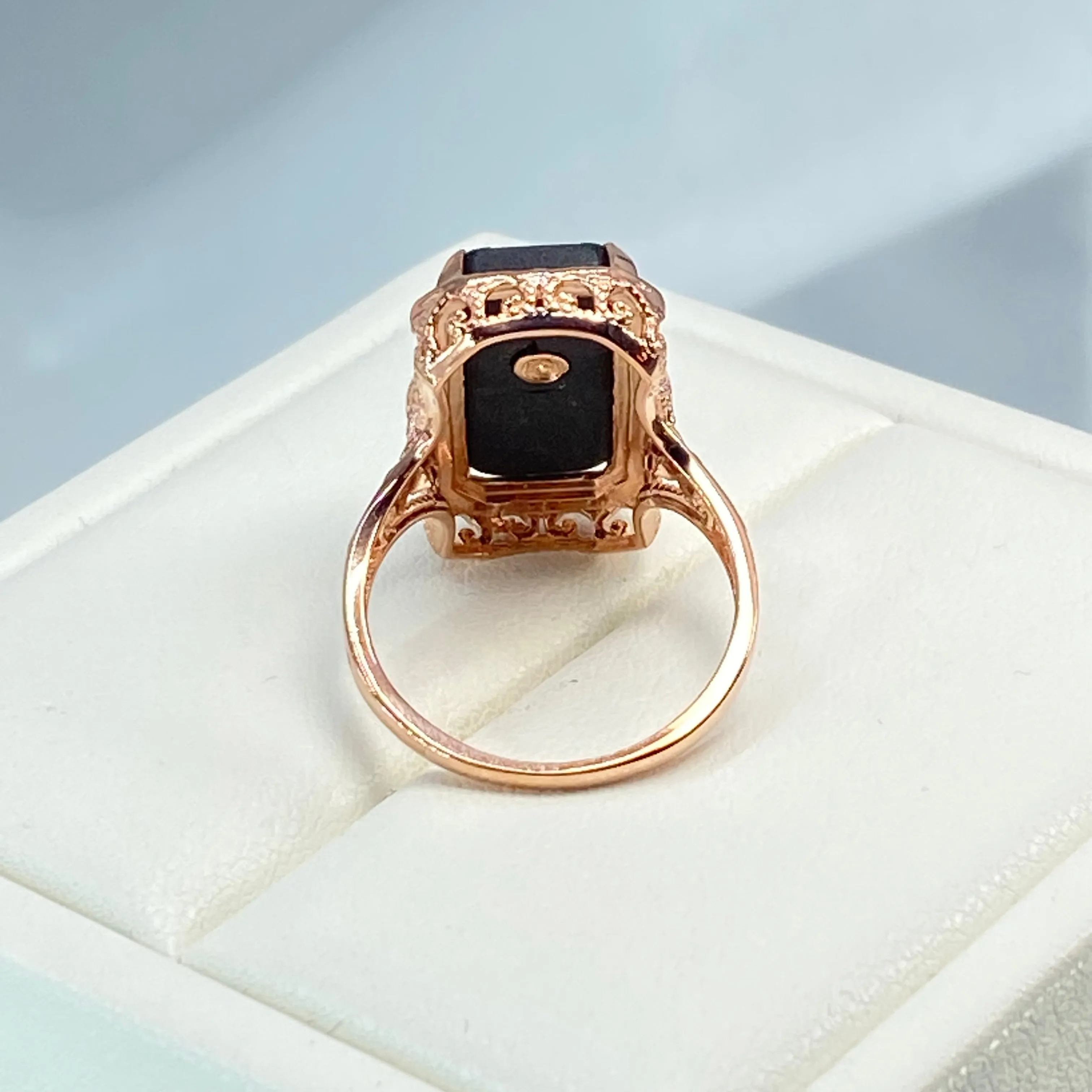 Black Camphor Glass Ring, Size 8, Rose Gold overlay, Sterling Silver Edwardian Jewelry #D232 - Ready to Ship