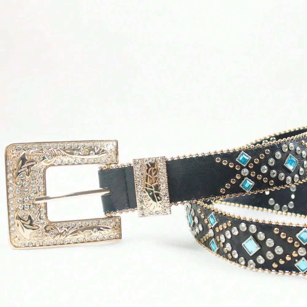 Black Rhinestone PU Leather Belt – Sleek & Sparkly Fashion
