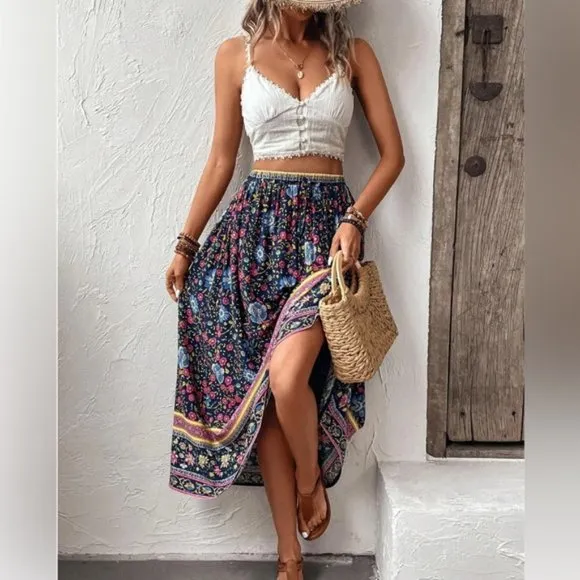 Blue Boho Floral Print Skirt
