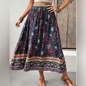 Blue Boho Floral Print Skirt