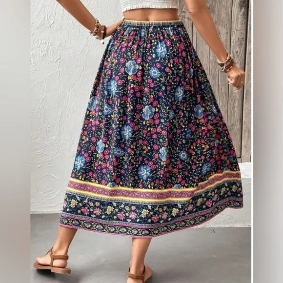 Blue Boho Floral Print Skirt