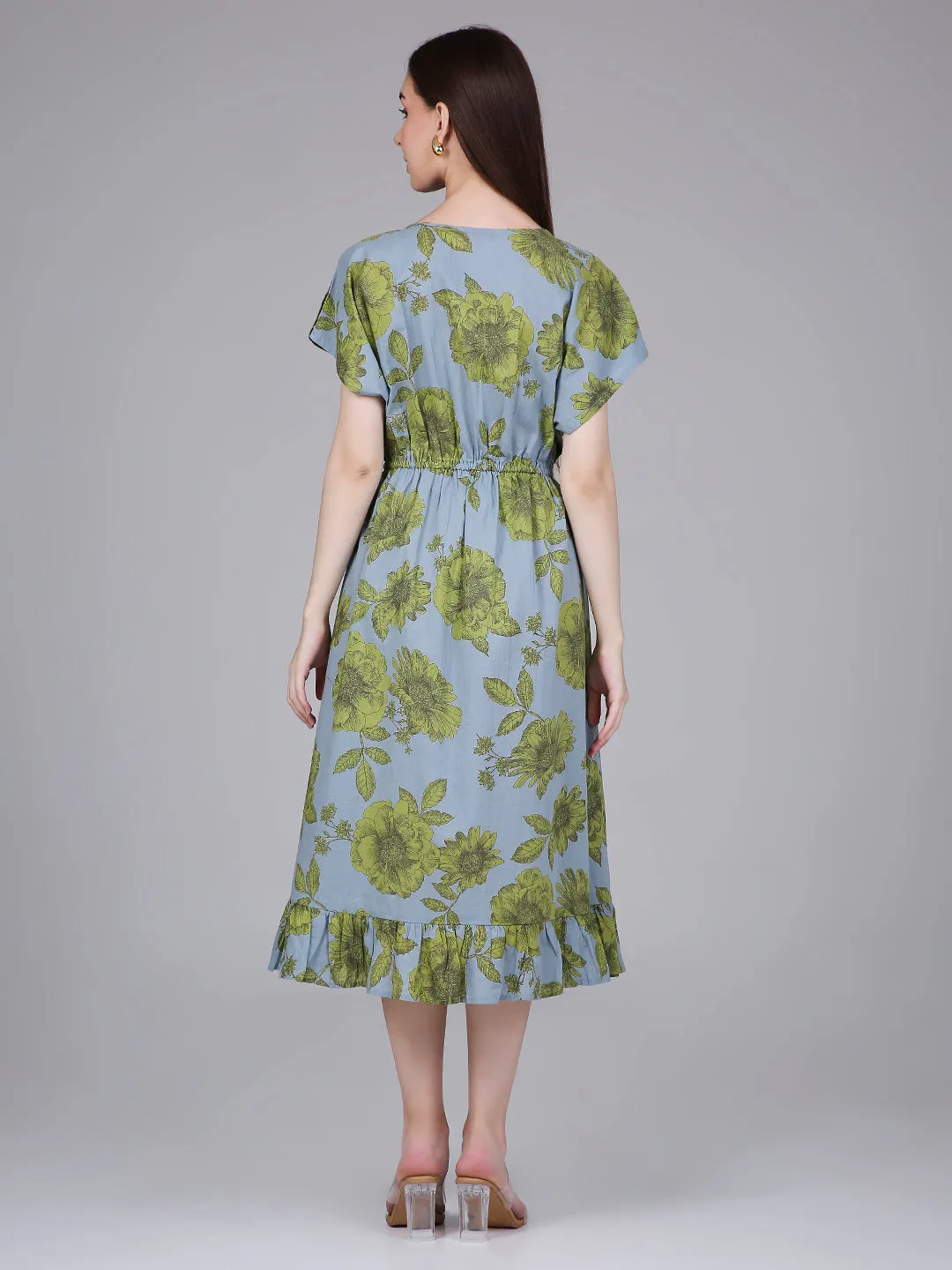 Blue Floral Print Kaftan Dress with Waist-Tie up and Neck Embroidery