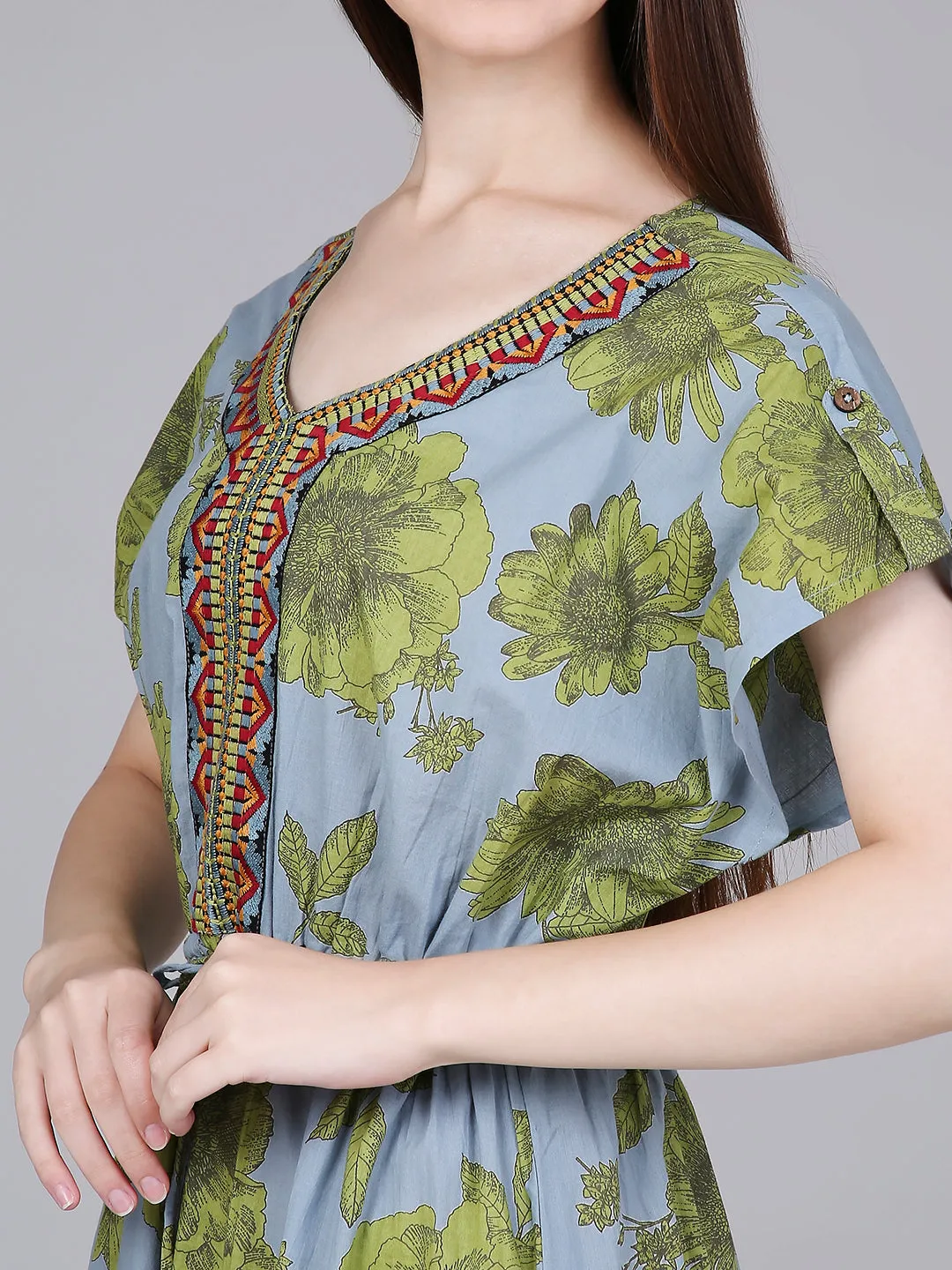 Blue Floral Print Kaftan Dress with Waist-Tie up and Neck Embroidery