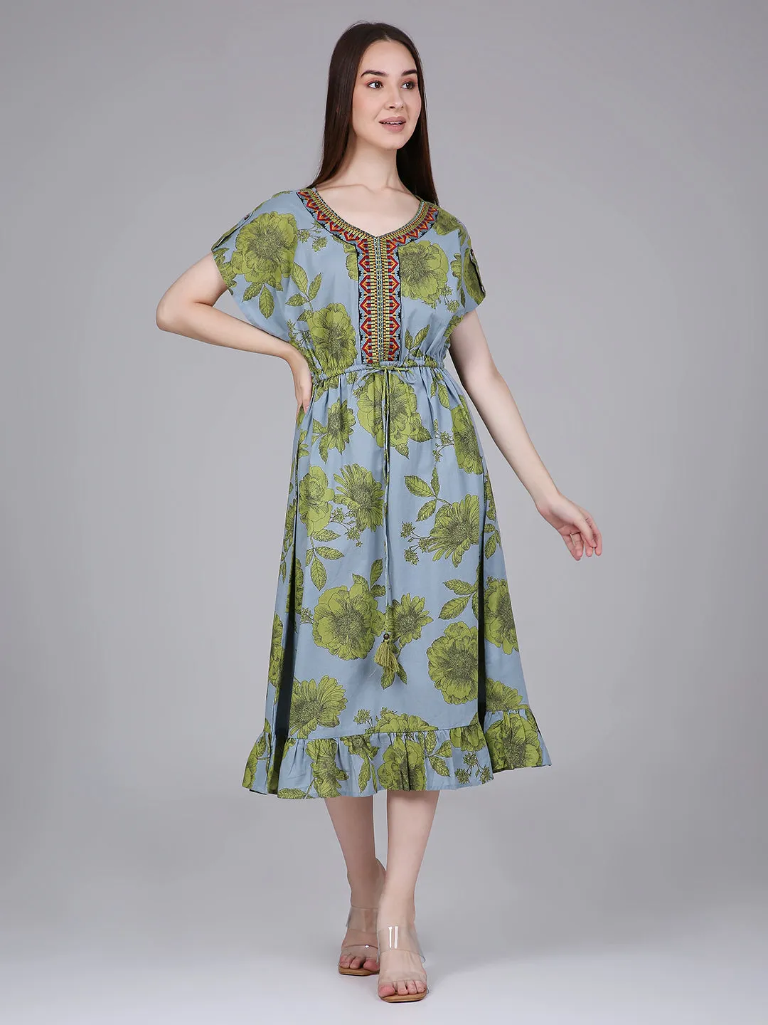 Blue Floral Print Kaftan Dress with Waist-Tie up and Neck Embroidery