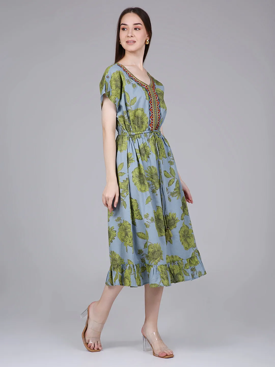 Blue Floral Print Kaftan Dress with Waist-Tie up and Neck Embroidery