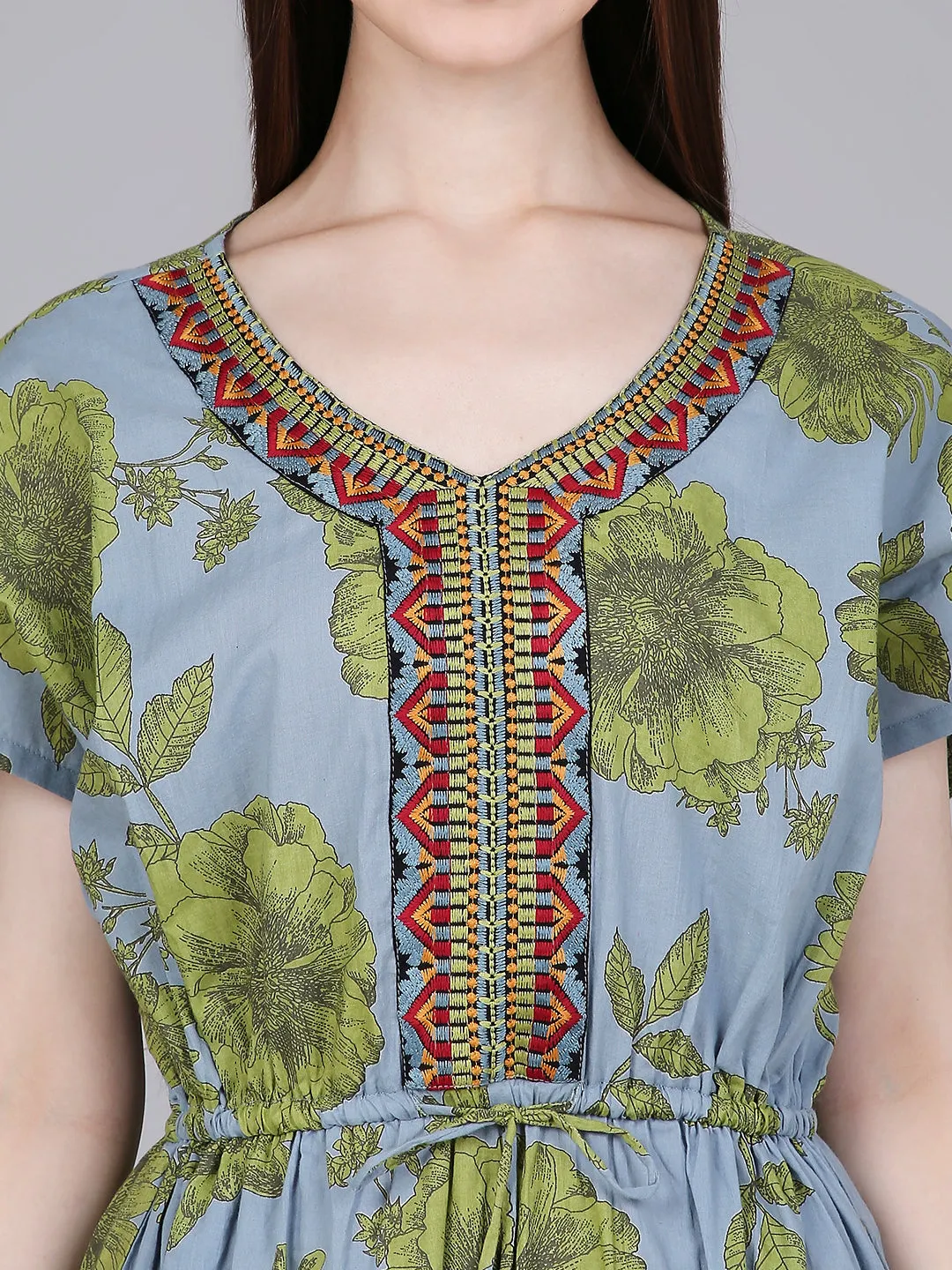 Blue Floral Print Kaftan Dress with Waist-Tie up and Neck Embroidery
