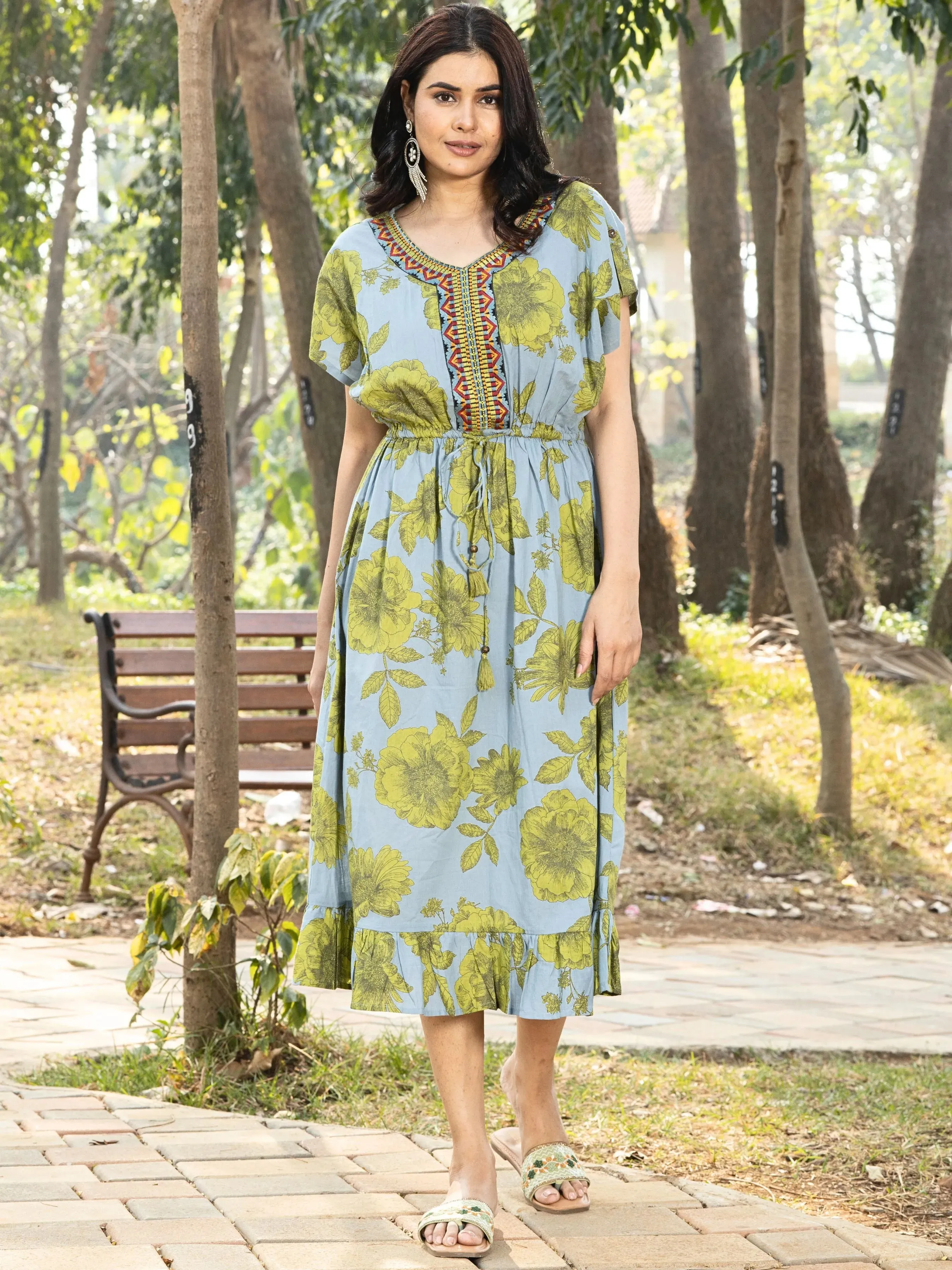 Blue Floral Print Kaftan Dress with Waist-Tie up and Neck Embroidery