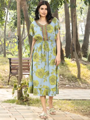 Blue Floral Print Kaftan Dress with Waist-Tie up and Neck Embroidery