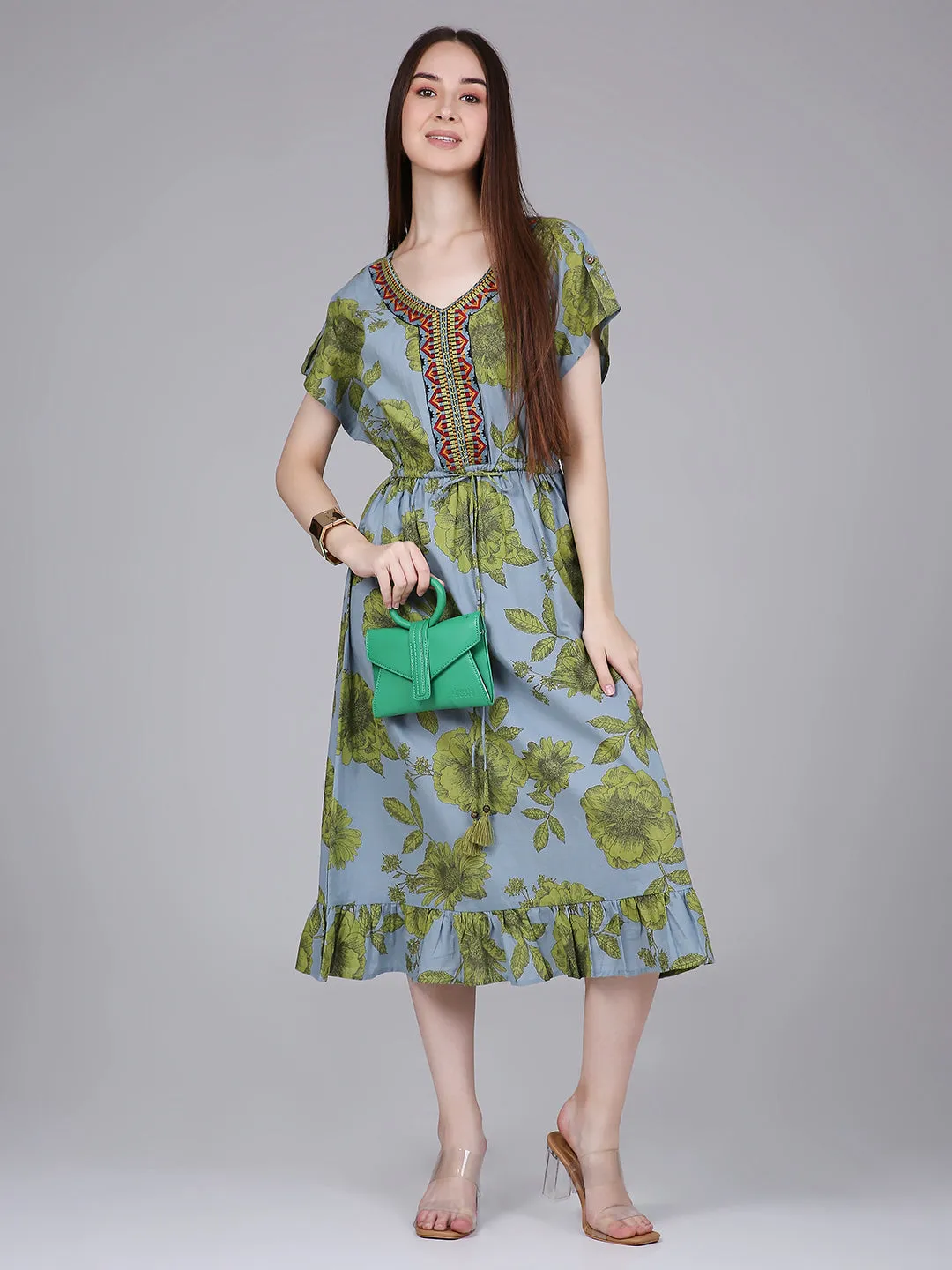 Blue Floral Print Kaftan Dress with Waist-Tie up and Neck Embroidery