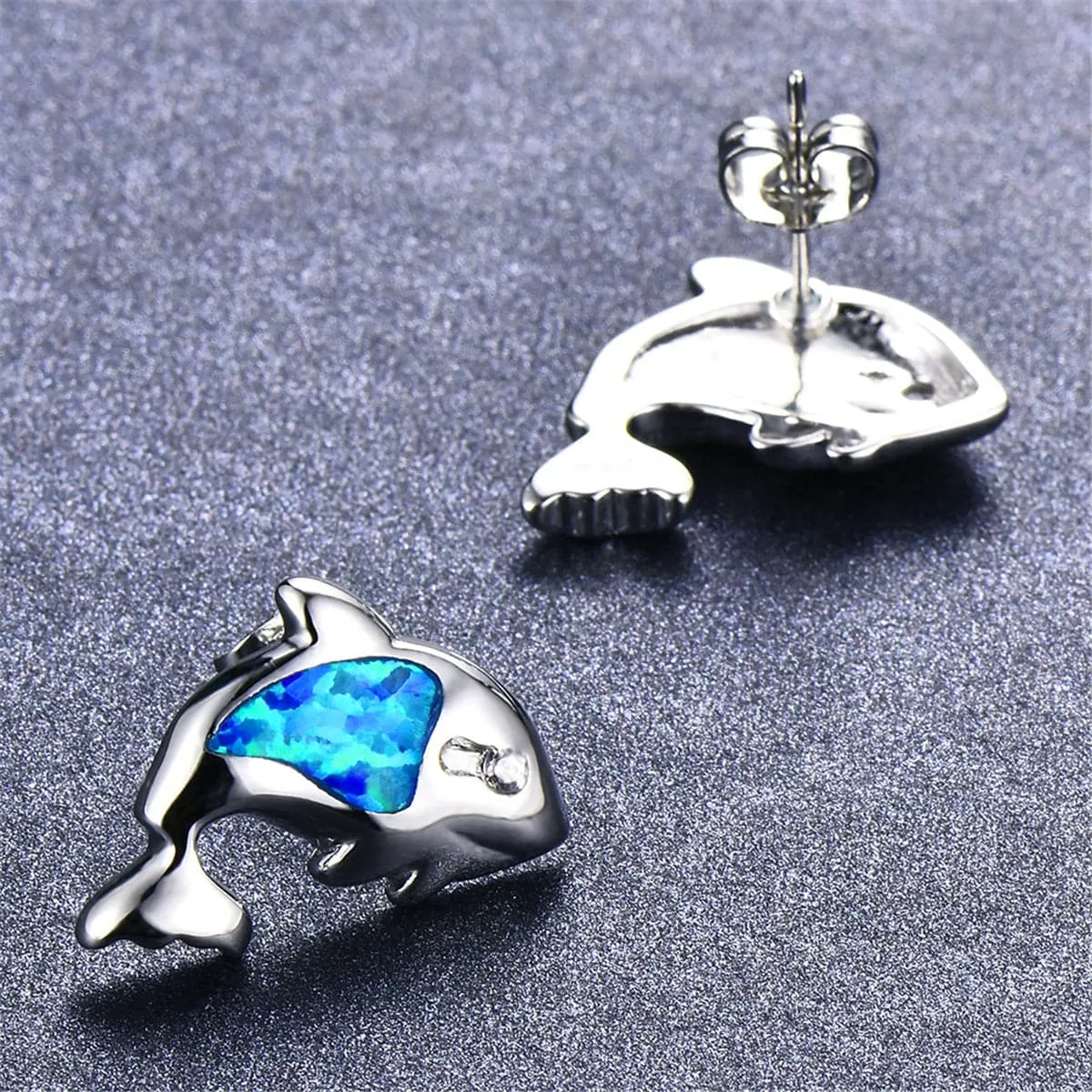 Blue Opal & Cubic Zirconia Dolphin Stud Earrings