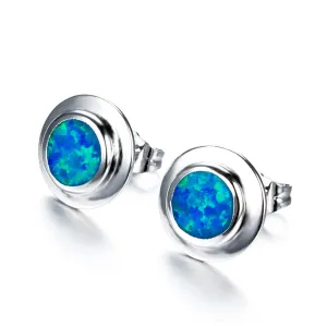 Blue Opal Round Bezel Stud Earrings