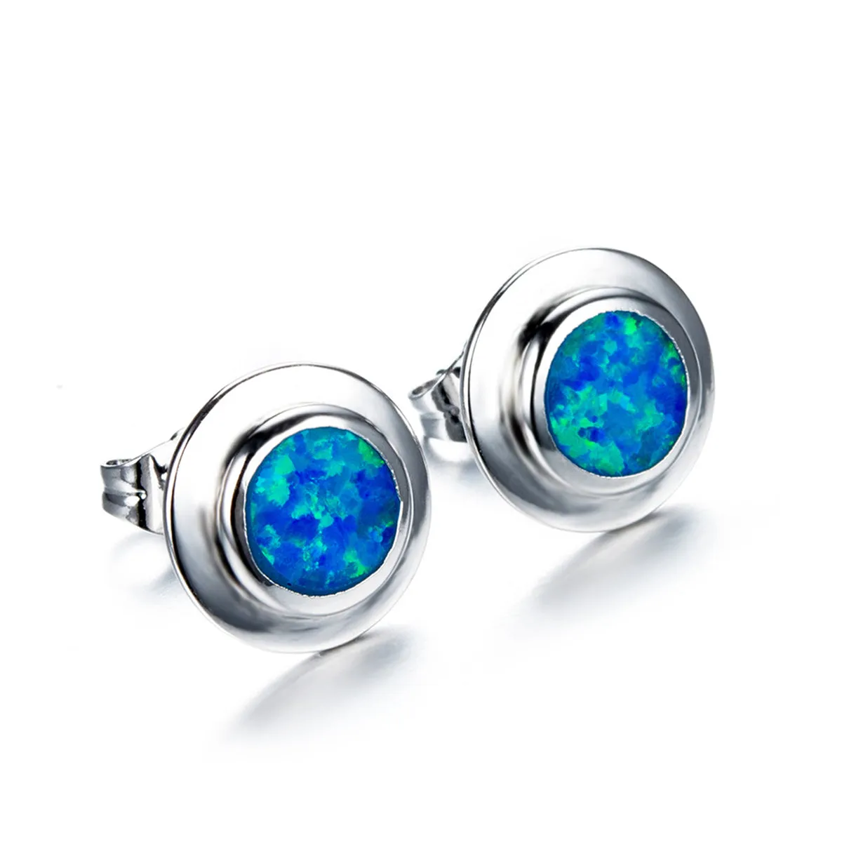 Blue Opal Round Bezel Stud Earrings