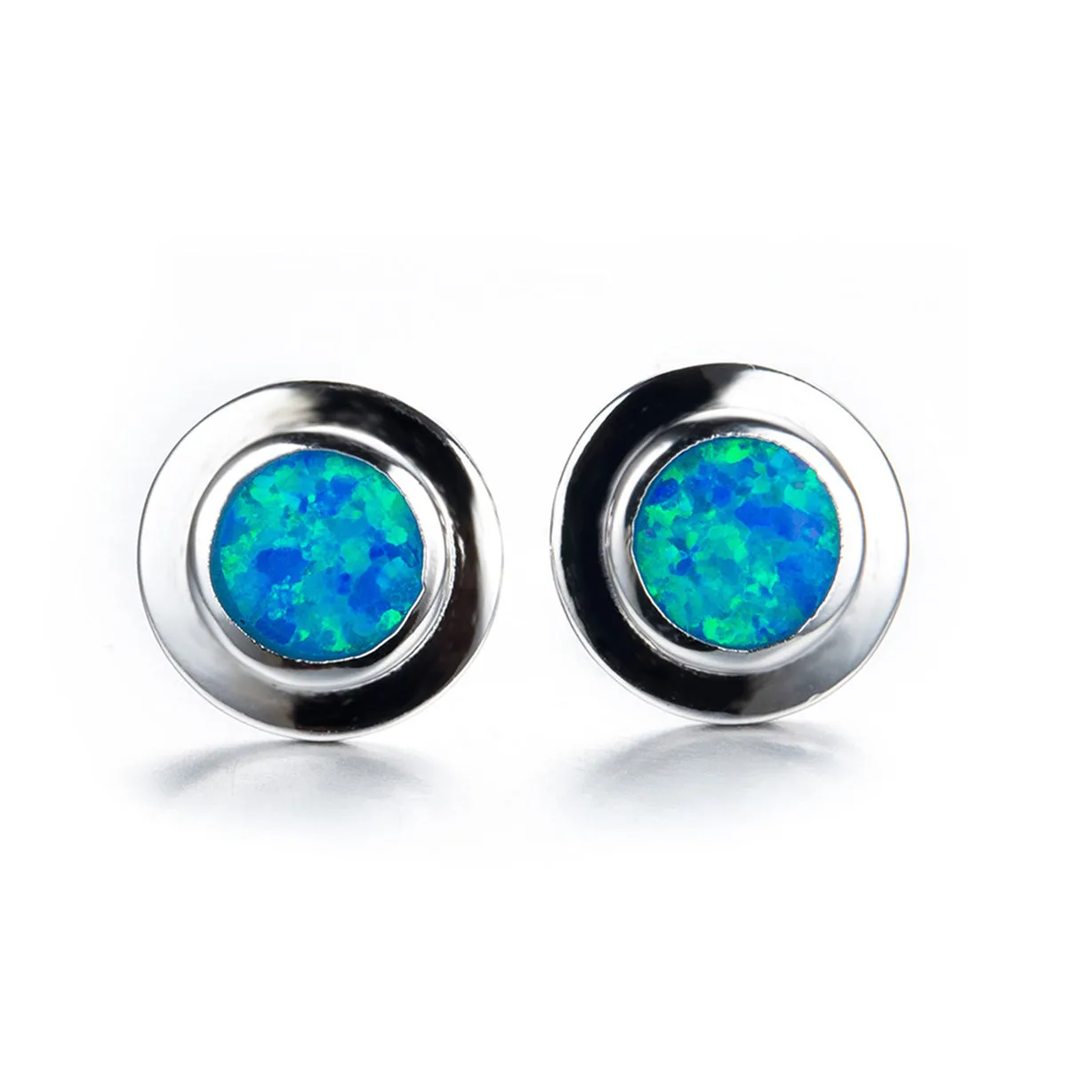 Blue Opal Round Bezel Stud Earrings