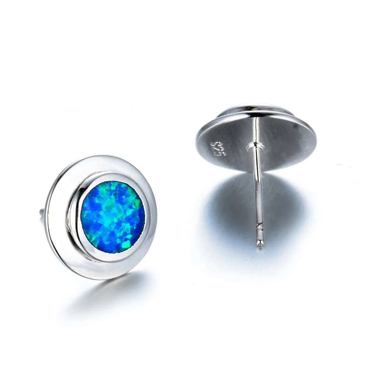Blue Opal Round Bezel Stud Earrings