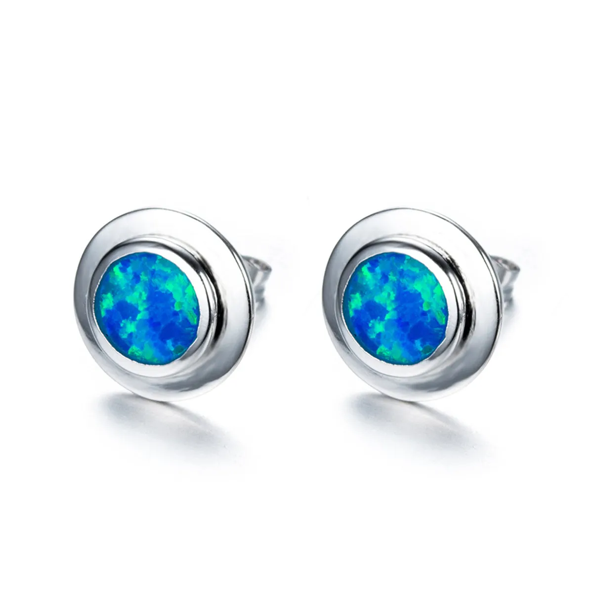 Blue Opal Round Bezel Stud Earrings