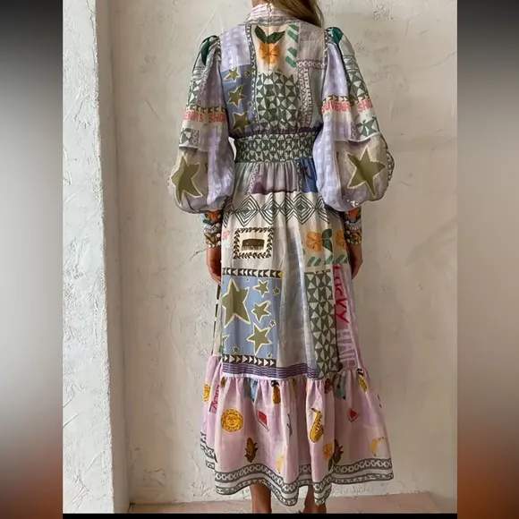 Bohemian Patchwork Floral Print Long Sleeve Maxi Dress Sz 12