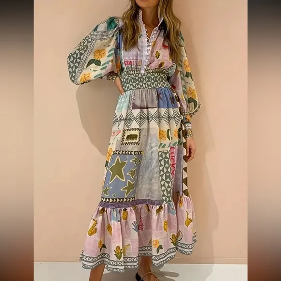 Bohemian Patchwork Floral Print Long Sleeve Maxi Dress Sz 12