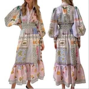 Bohemian Patchwork Floral Print Long Sleeve Maxi Dress Sz 12