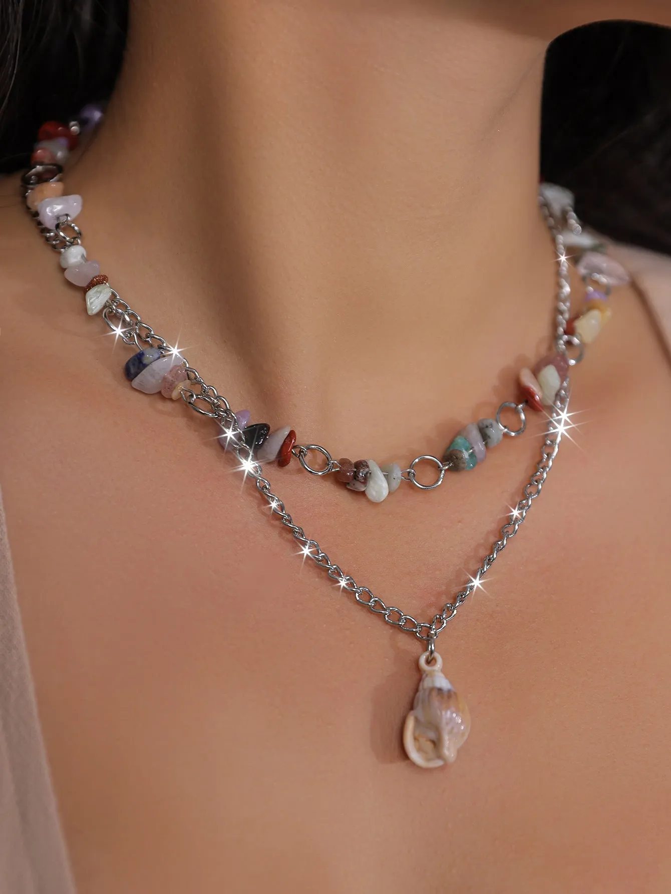 Bohemian Stone-Adorned Layered Necklace with Shell Pendant