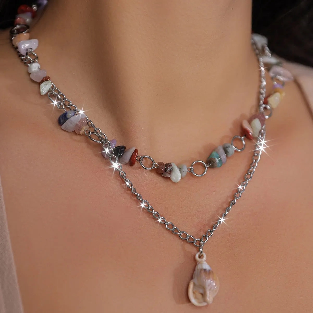 Bohemian Stone-Adorned Layered Necklace with Shell Pendant