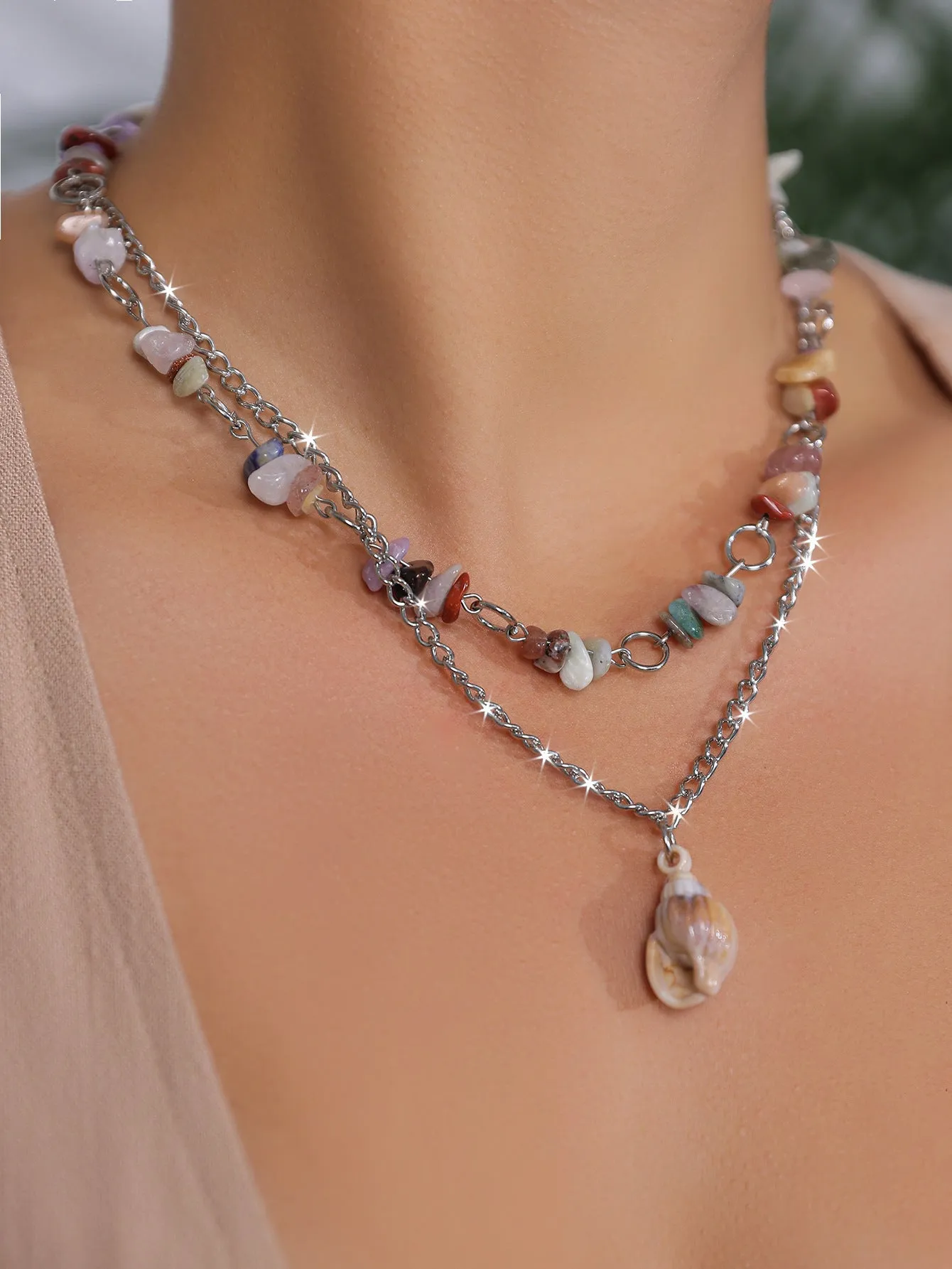 Bohemian Stone-Adorned Layered Necklace with Shell Pendant