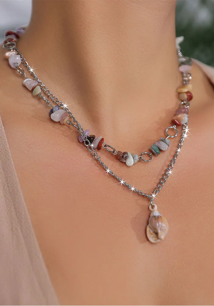 Bohemian Stone-Adorned Layered Necklace with Shell Pendant