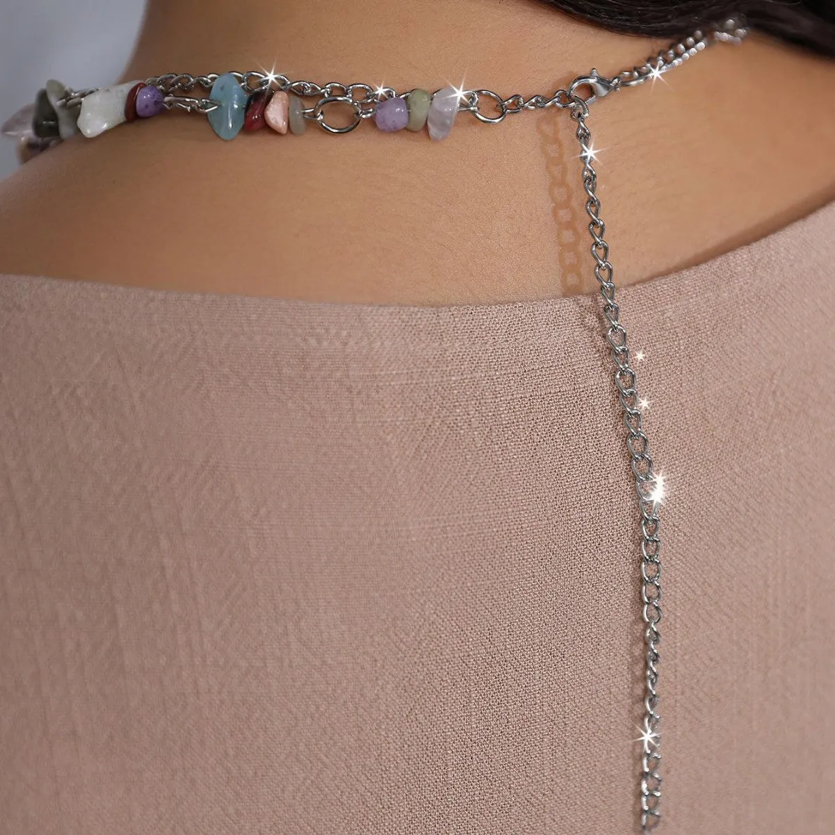 Bohemian Stone-Adorned Layered Necklace with Shell Pendant