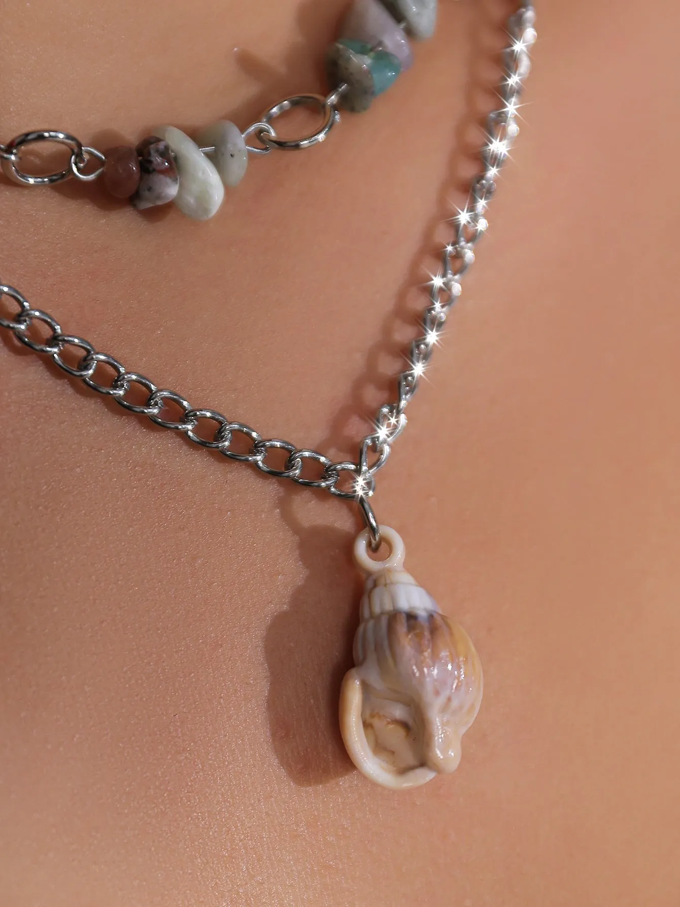 Bohemian Stone-Adorned Layered Necklace with Shell Pendant