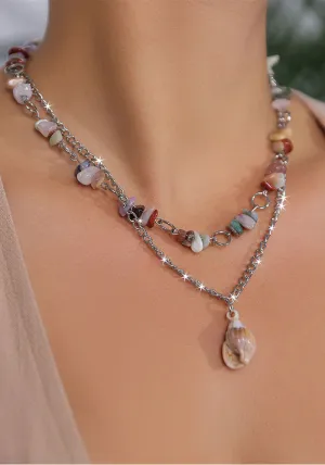 Bohemian Stone-Adorned Layered Necklace with Shell Pendant