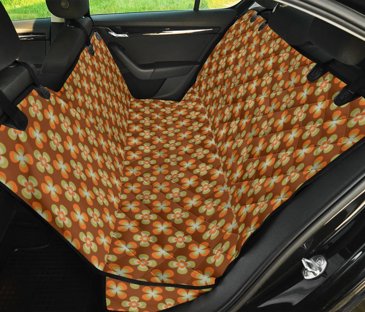 Brown With Orange Retro Hippie Flowers Pet Hammock Back Seat Cover