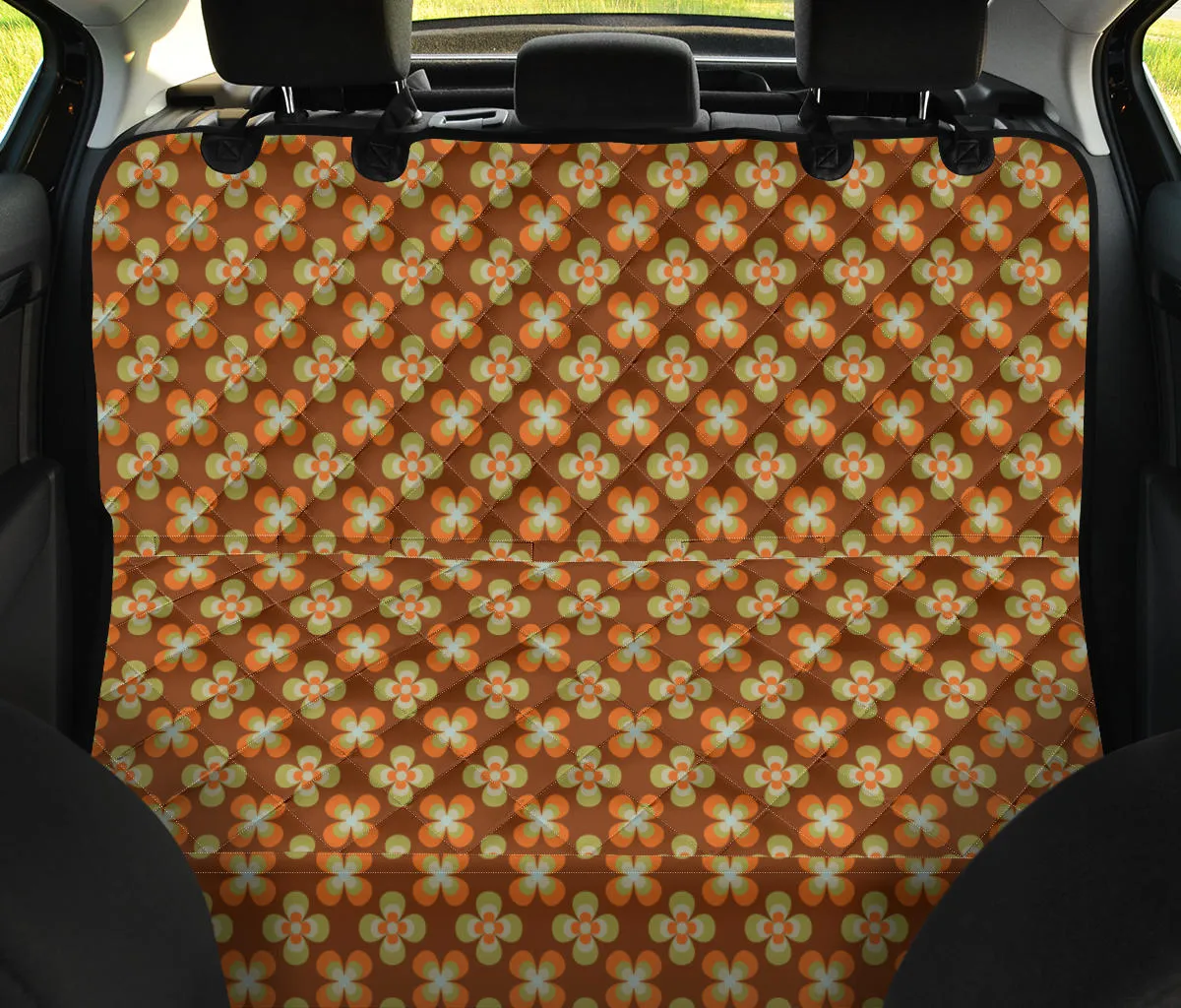 Brown With Orange Retro Hippie Flowers Pet Hammock Back Seat Cover