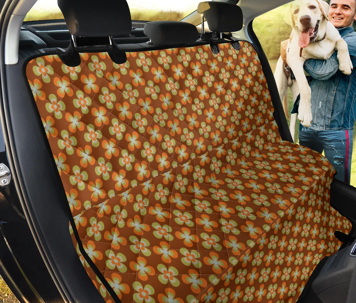 Brown With Orange Retro Hippie Flowers Pet Hammock Back Seat Cover