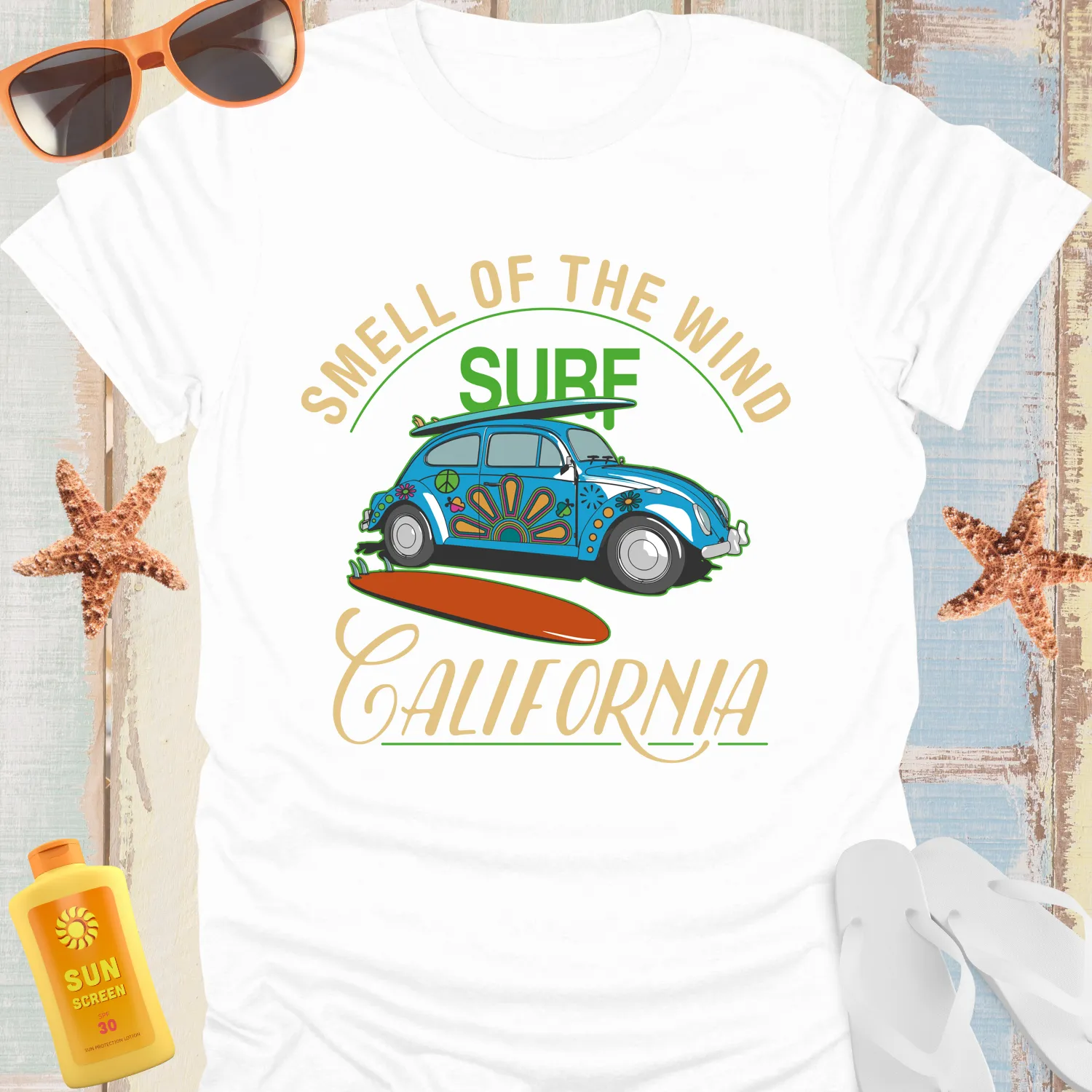California Retro Surf Tee Vintage Blue Car Design