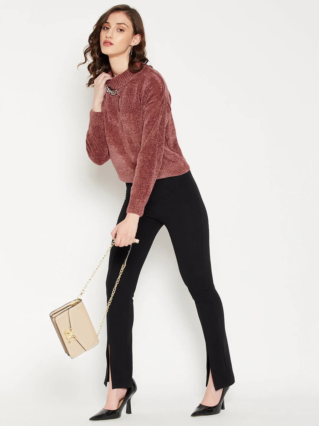 Camla Barcelona Keyhole Neck Rust Brown Chain Adorned Sweater