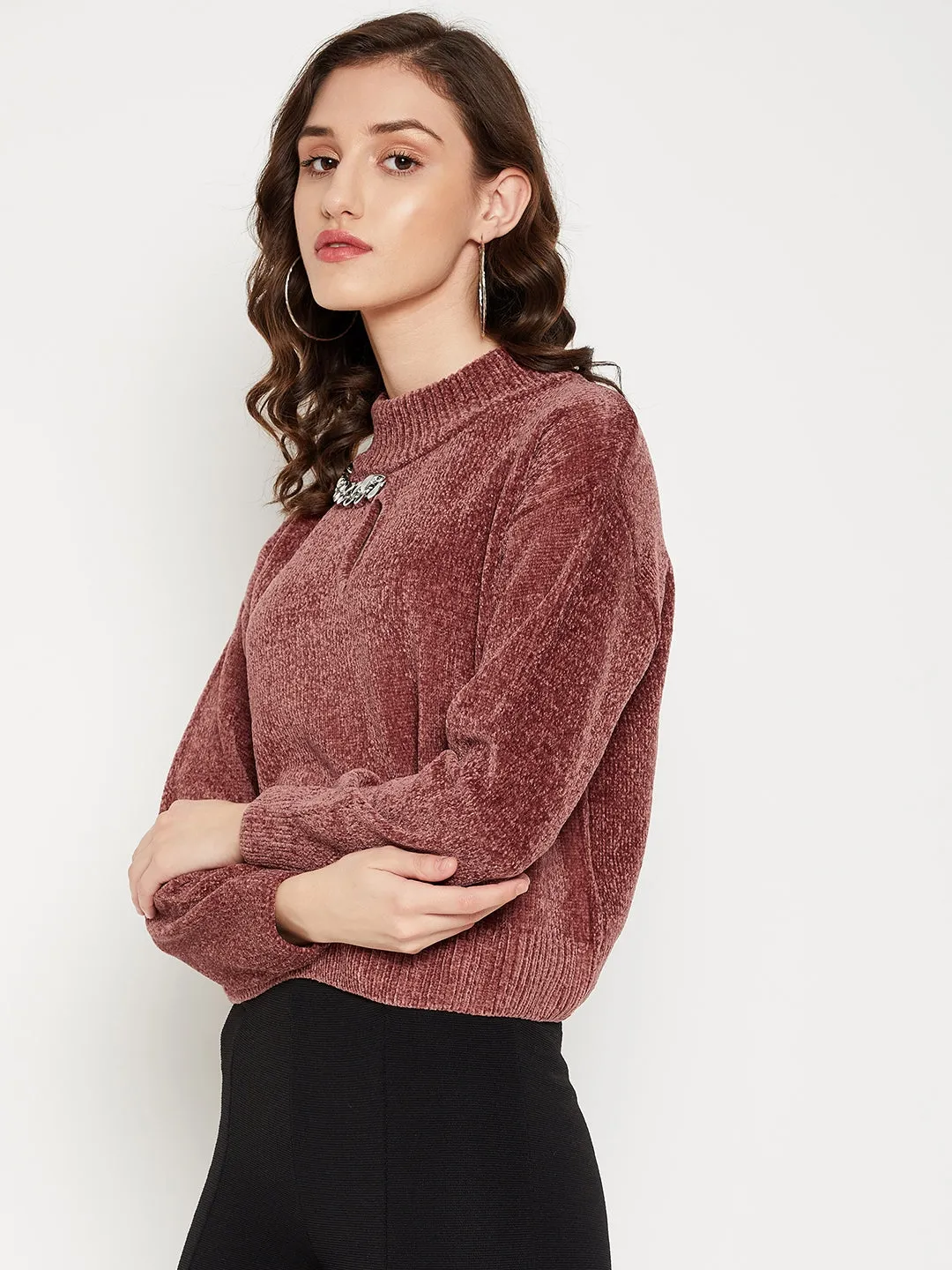 Camla Barcelona Keyhole Neck Rust Brown Chain Adorned Sweater