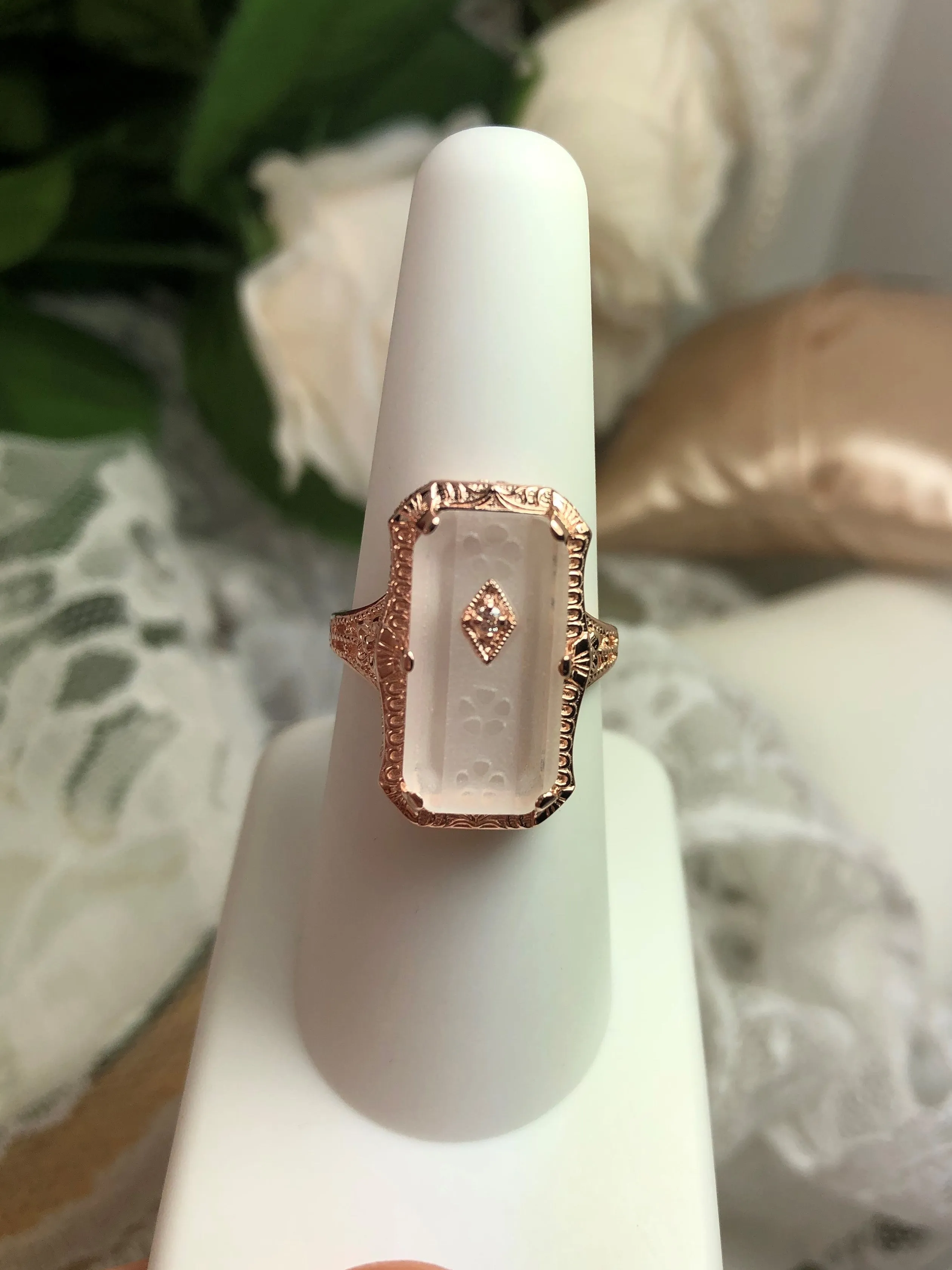 Camphor Glass Ring, Rose Gold overlay, 1915 Vintage style, Edwardian Jewelry #D232