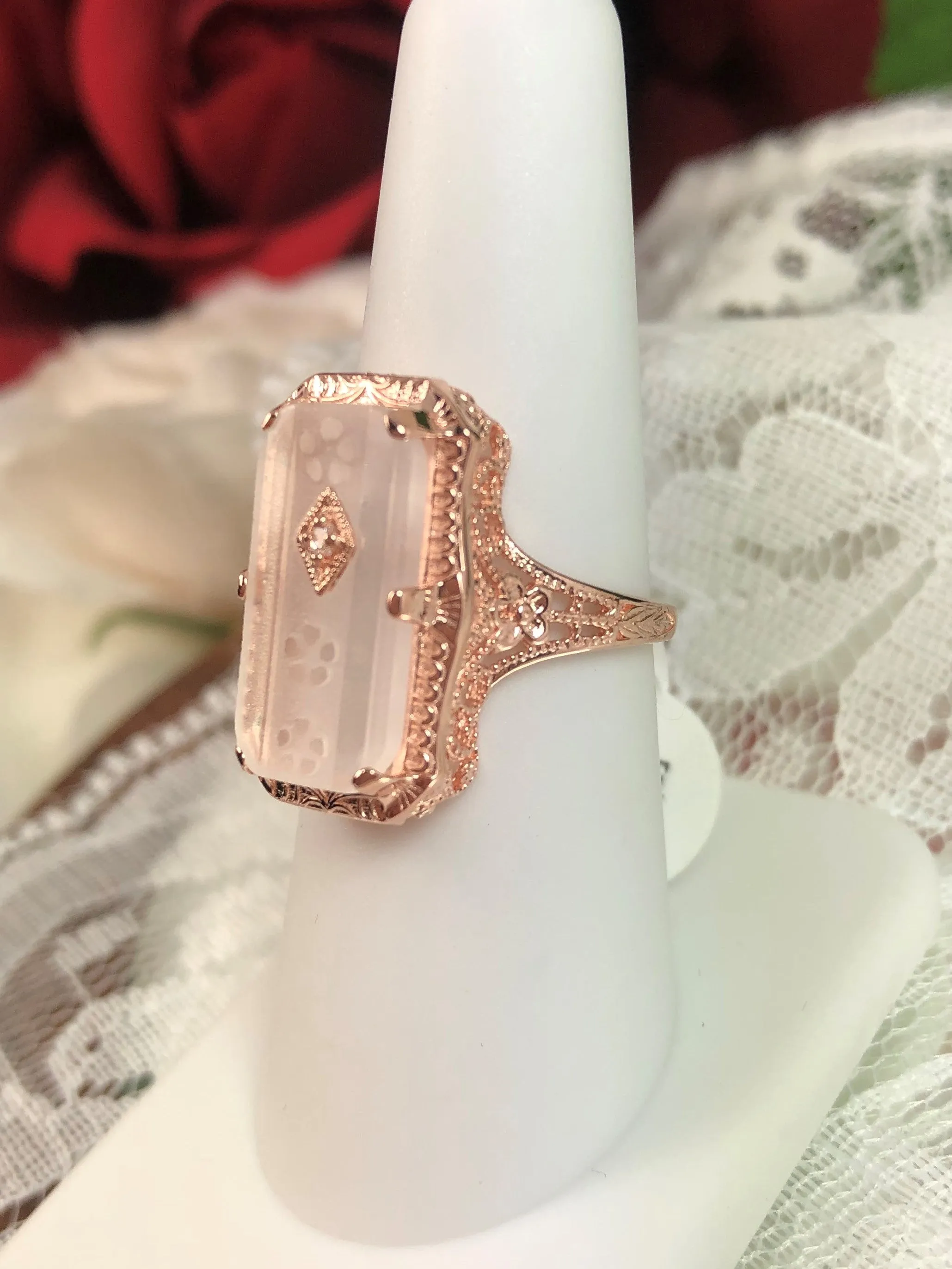 Camphor Glass Ring, Rose Gold overlay, 1915 Vintage style, Edwardian Jewelry #D232