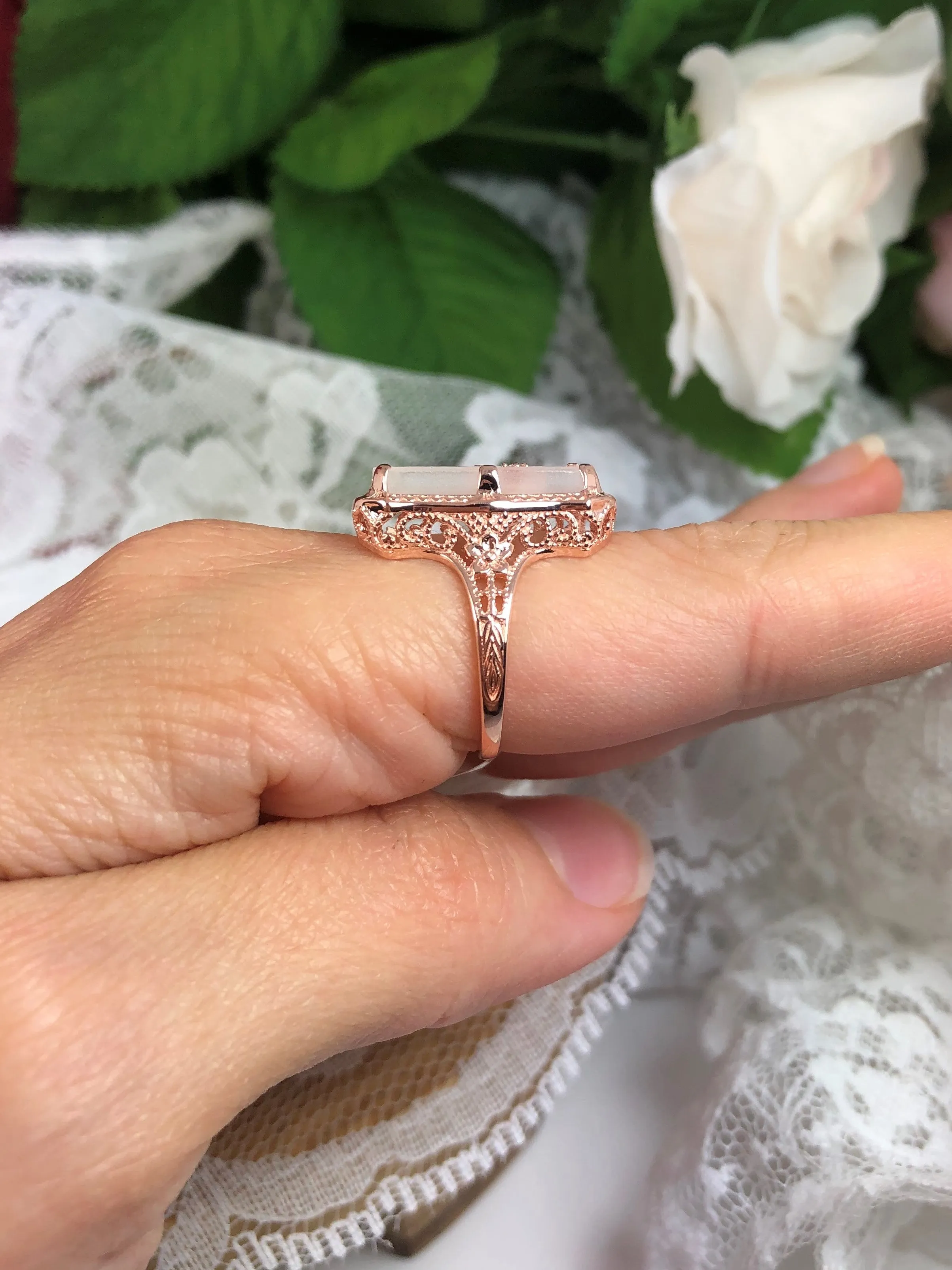 Camphor Glass Ring, Rose Gold overlay, 1915 Vintage style, Edwardian Jewelry #D232