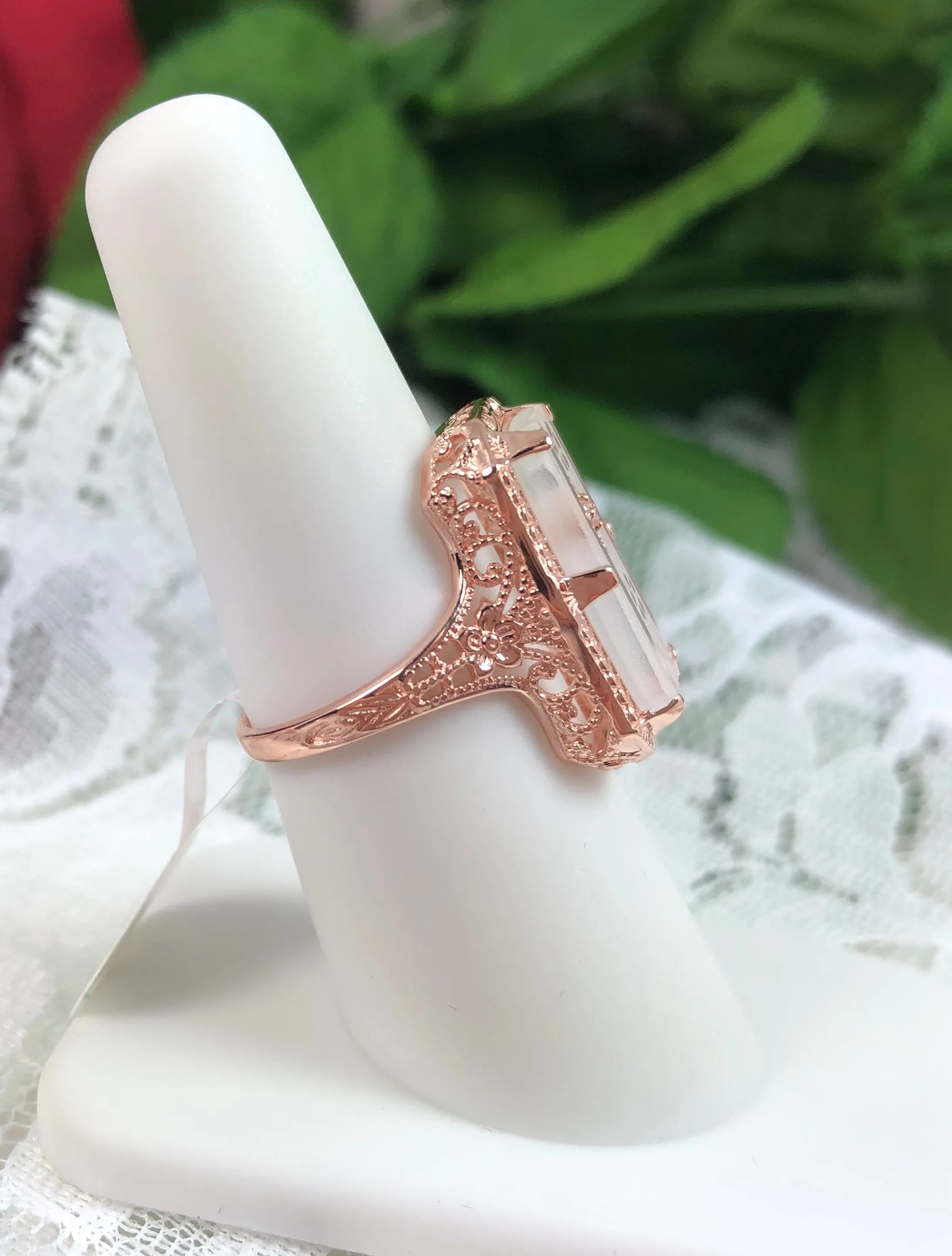 Camphor Glass Ring, Rose Gold overlay, 1915 Vintage style, Edwardian Jewelry #D232