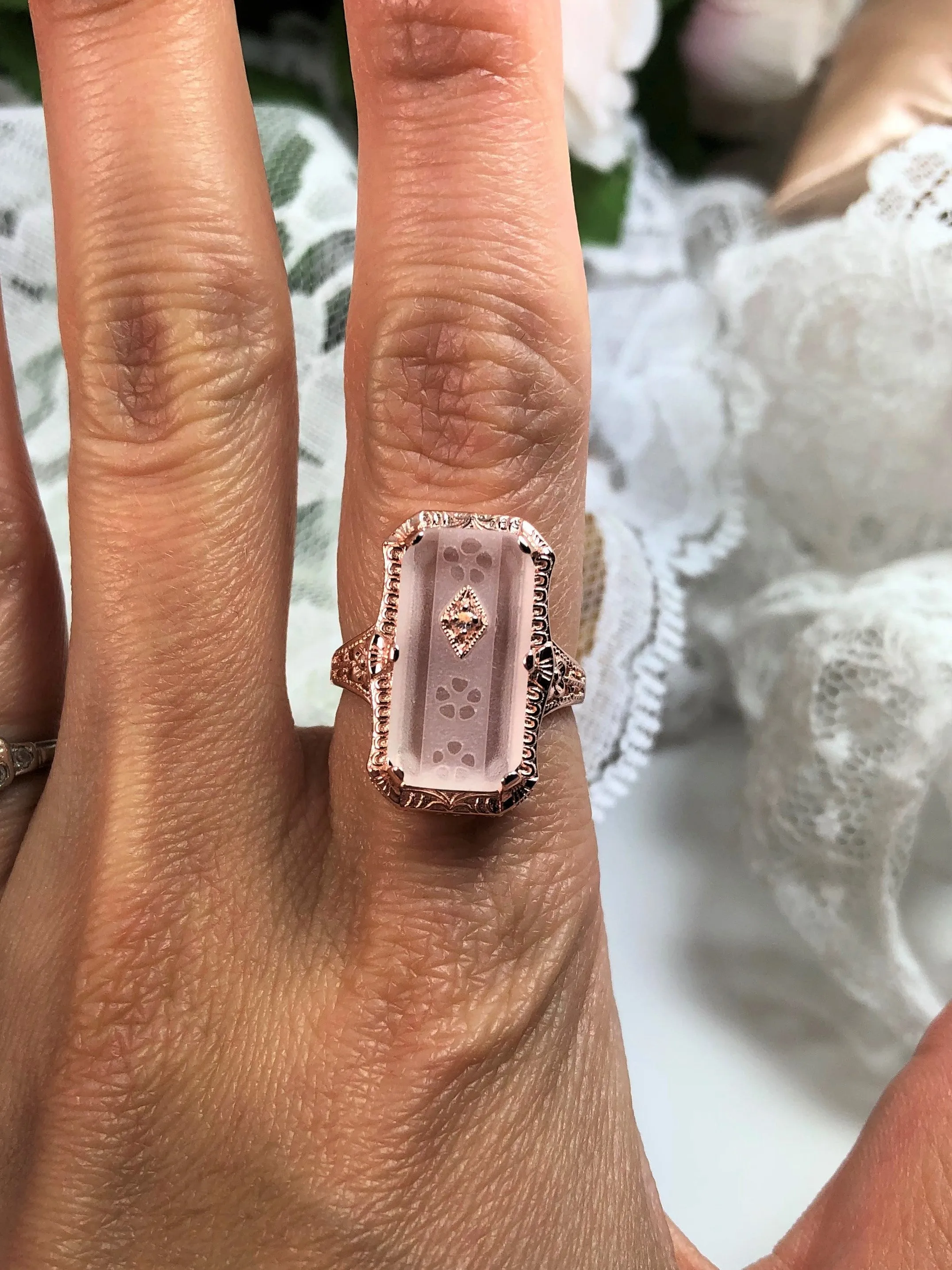 Camphor Glass Ring, Rose Gold overlay, 1915 Vintage style, Edwardian Jewelry #D232