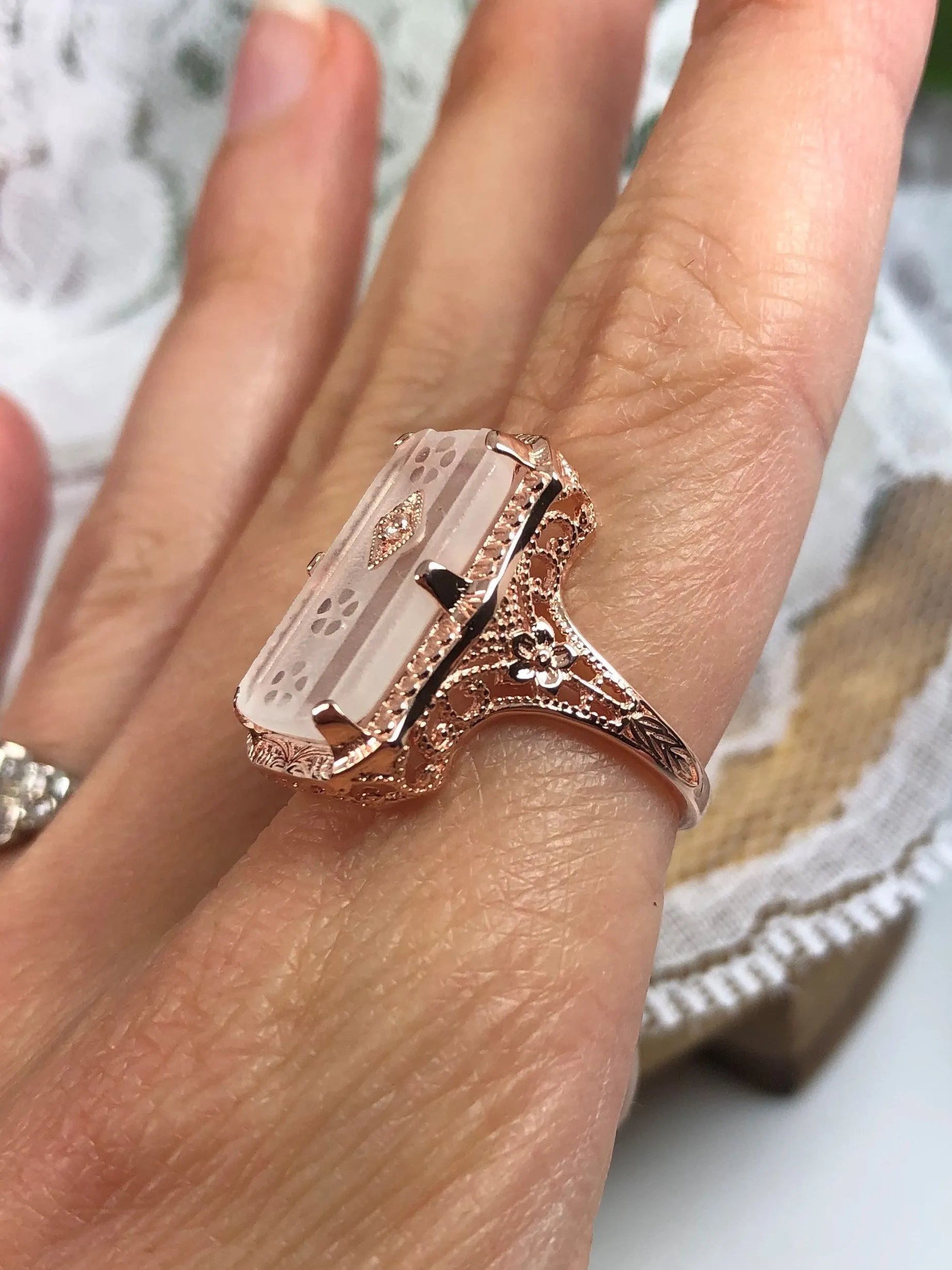 Camphor Glass Ring, Rose Gold overlay, 1915 Vintage style, Edwardian Jewelry #D232